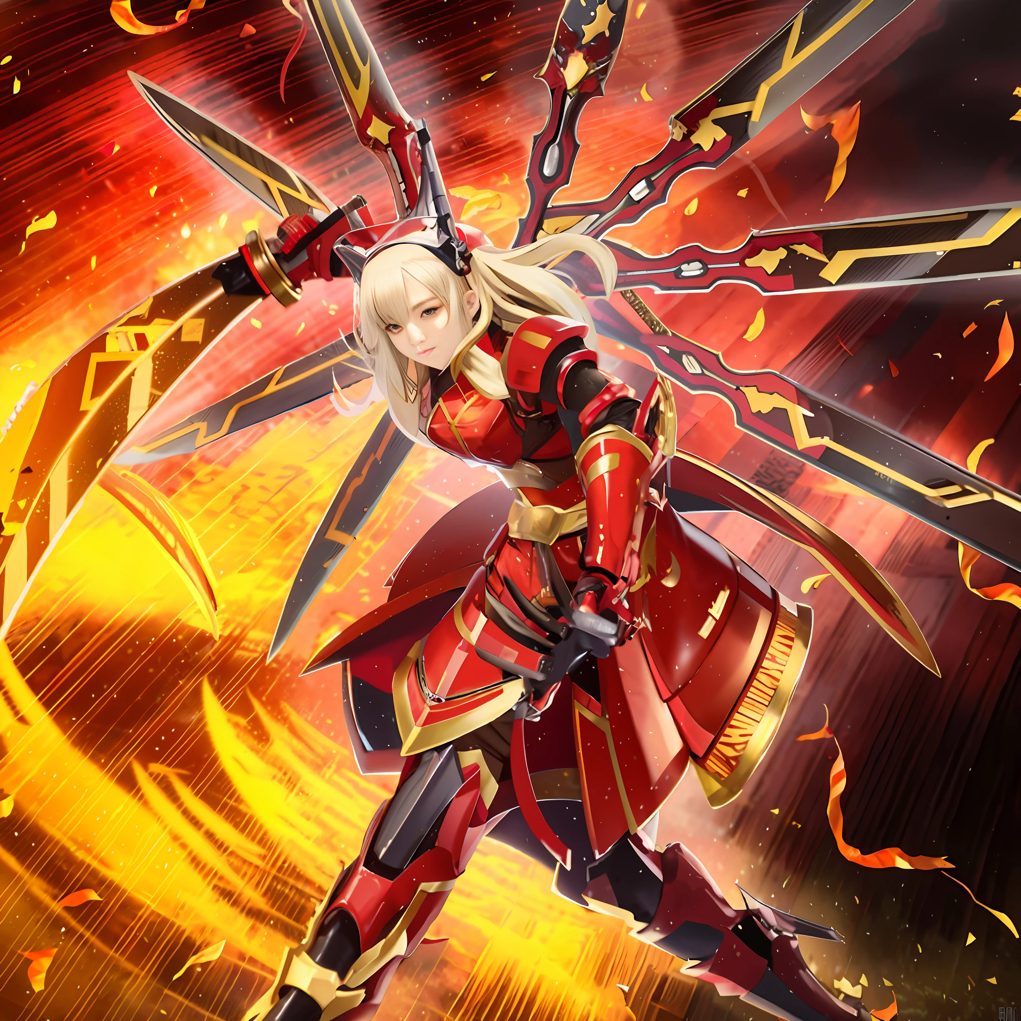 anime girl with sword and armor in fire with flames, edelgard fire emblem, lady in red armor, ayaka genshin impact, edelgard from fire emblem, flame conjuring armored, guilty gear strive splash art, ayaka game genshin impact, red armor, fate grand order, guilty gear art style, detailed key anime art, zhongli from genshin impact