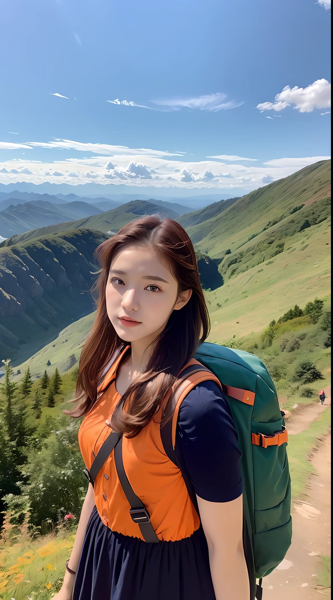 (beautiful skyline, magnificent sky), (dramatic and dramatic graphics, moving visuals), (hanging north star, colorful natural light), (an 18-year-old beautiful girl, bust), (casual dress, with backpack), (Canadian orange maple leaf mountain background))