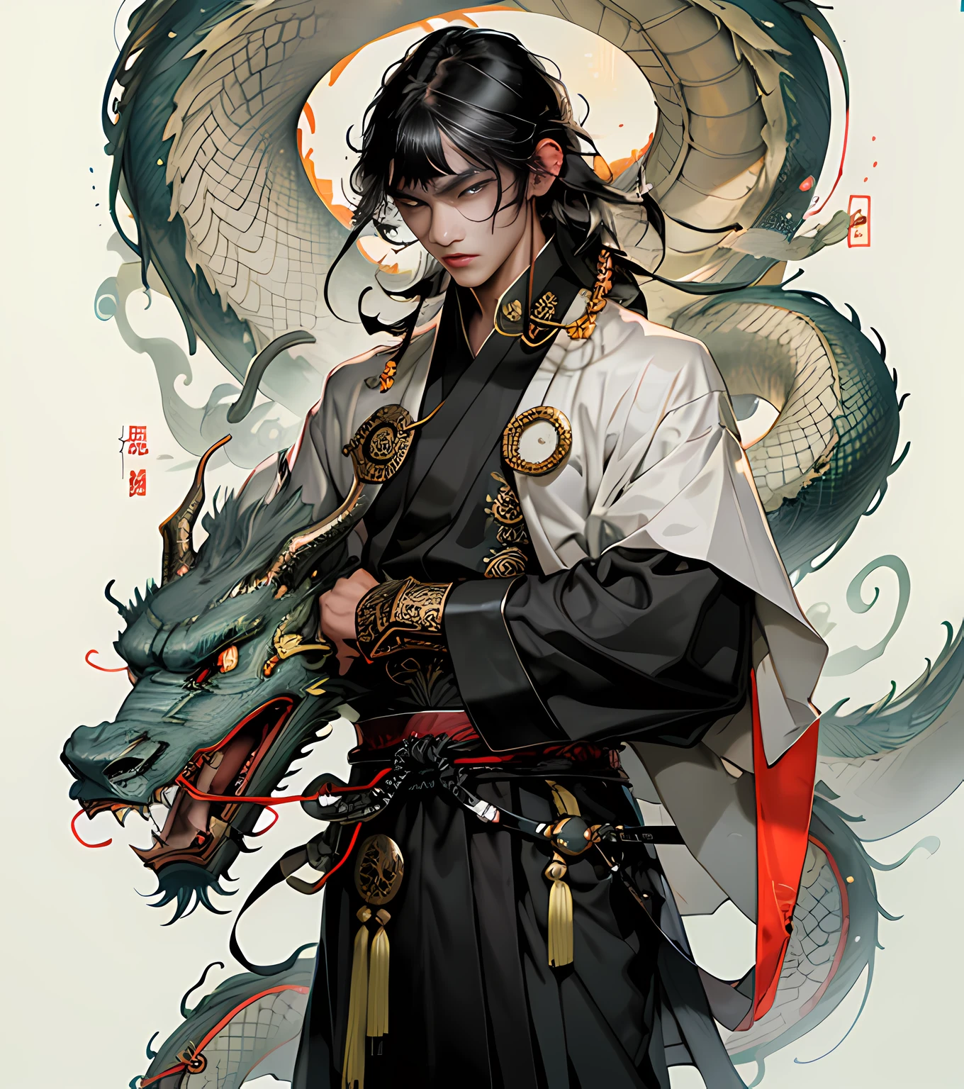 Masterpiece, Best Quality, Night, Full Moon, 1 Man, Mature Man, Chinese Style, Ancient China, Black Hair, Black Eyes, Split Hair, Long Hair, Long Bangs, Handsome, Handsome, Masculine, Serious, Gentle, Tall, Calm, Black and Gold Blended Clothing, Golden Pattern, Dragon Pattern Road, Prince, Palace