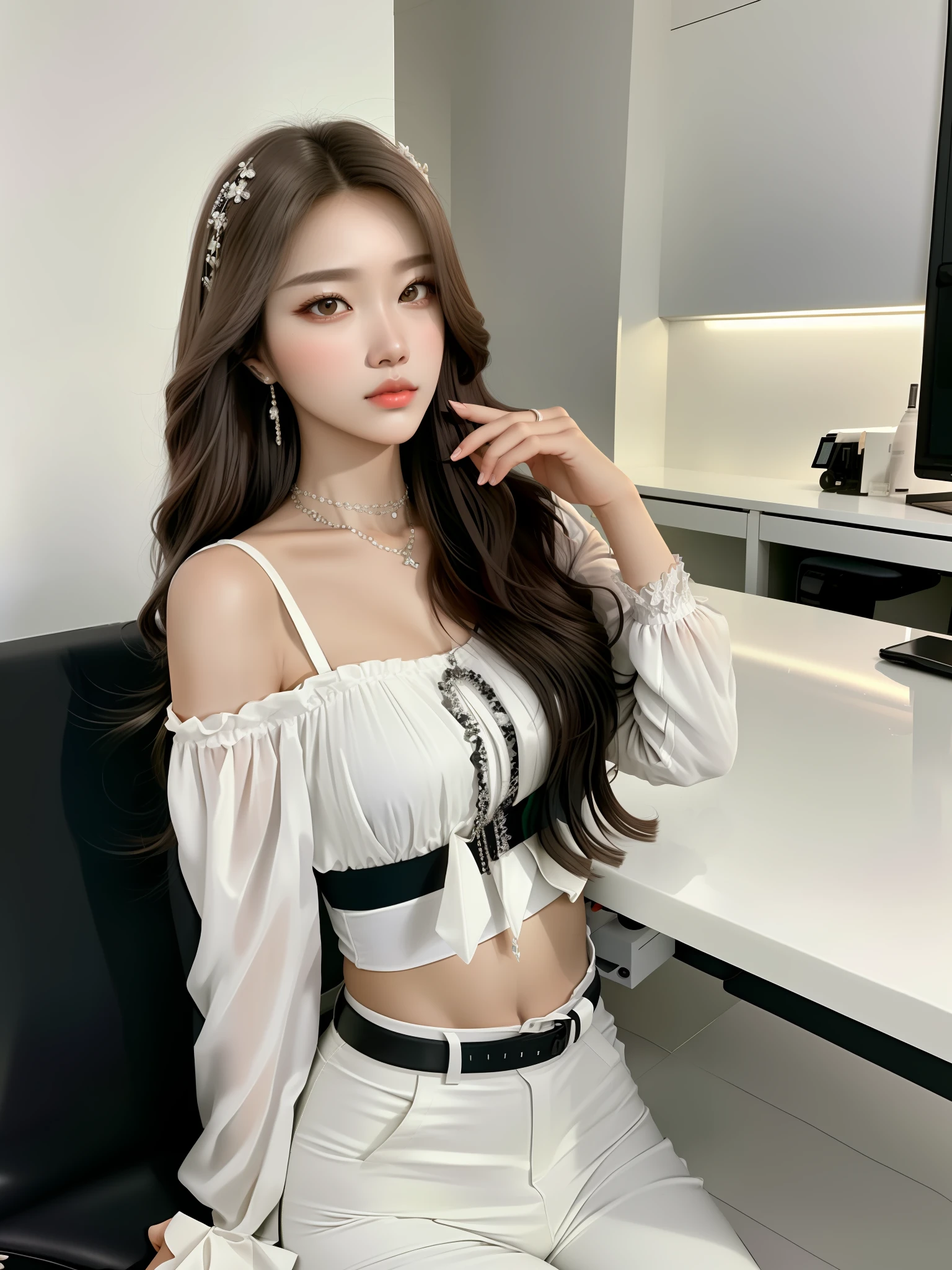 araffe woman sitting at a desk with a white top and black pants, smooth white tight clothes suit, gorgeous young korean woman, white trendy clothes, beautiful south korean woman, korean girl, wearing a sexy cropped top, cai xukun, sexy style, ulzzang, korean women's fashion model, white silky outfit, beautiful young korean woman, attractive girl