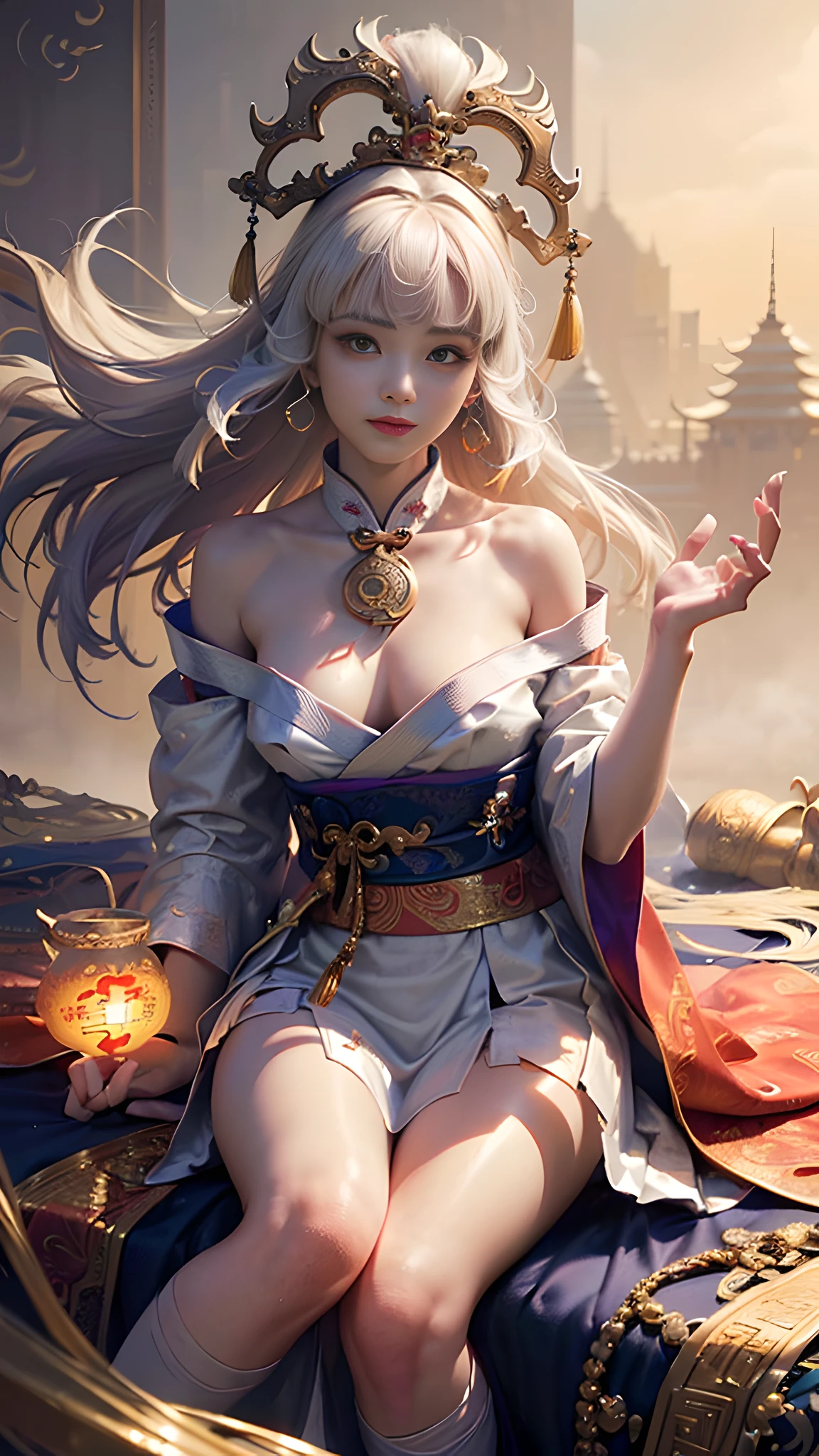 Official Art, Unified 8k Wallpapers, ((Hyperrealism) (Surrealism)), (3D), Ultra Detailed, Beautiful and Aesthetic, Masterpiece, Best Quality, (Zentangle, Tangle, Entangle), (Fractal Art: 1.4), 1girl, Detailed Eyes, (Fine Skin, Diffused Skin Pores), ((Very Detailed Background, Very Detailed Face, (Very Detailed, Fine Detail, Intricate), Shallow Depth of Field, Diffuse Soft Light, (long hair), off-the-shoulder, long skirt, calf, very detailed, dynamic angle, cowboyshot, (most beautiful form of chaos), flowing, (bright colors), OC, (full body: 1.2), Chinese, (thangka flying sky: 1.5), (ribbon: 1.3), (dream: 1.5), (Hanfu: 1.5), Chinese dragon, Chinese phoenix, (smile: 0.5), (Chinese deity),