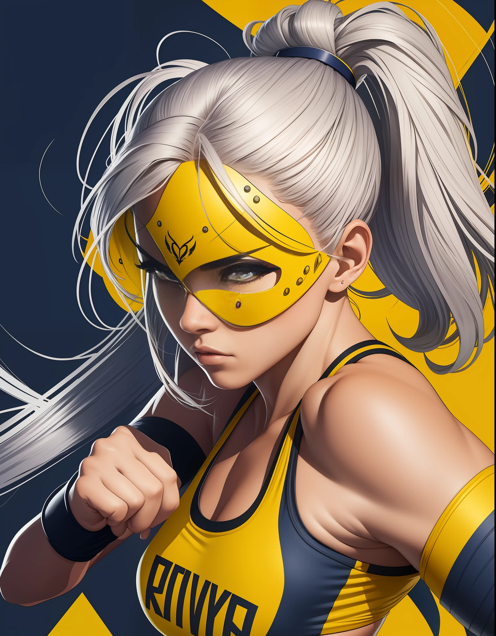 [Women, silver hair, sports bra, low cut panties, boxing gloves, angry look], heraldic silhouette, logo masking style illustration, yellow background, art, realistic, majestic, navy color tone, rich vivid colors, high contrast, seamless water brand, art station, deviant art, dribbling, red bubble, Tee public, sharp focus, simple, hyper detail, detailed drawing, vectorization, outline, isometric style, 8k.