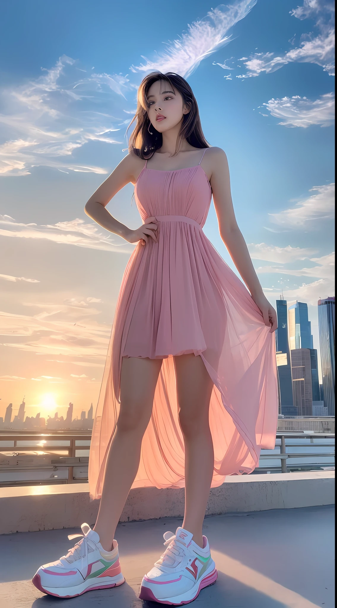 , (beautiful magnificent skyline, magnificent sky), (great tension and dramatic graphics, moving visuals), (hanging north star, colorful natural light), best quality, (very detailed CG Unity 8k wallpaper) (best quality), (best illustration), (best shadow, , slim beauty , full legs, pink dress, colorful sneakers,