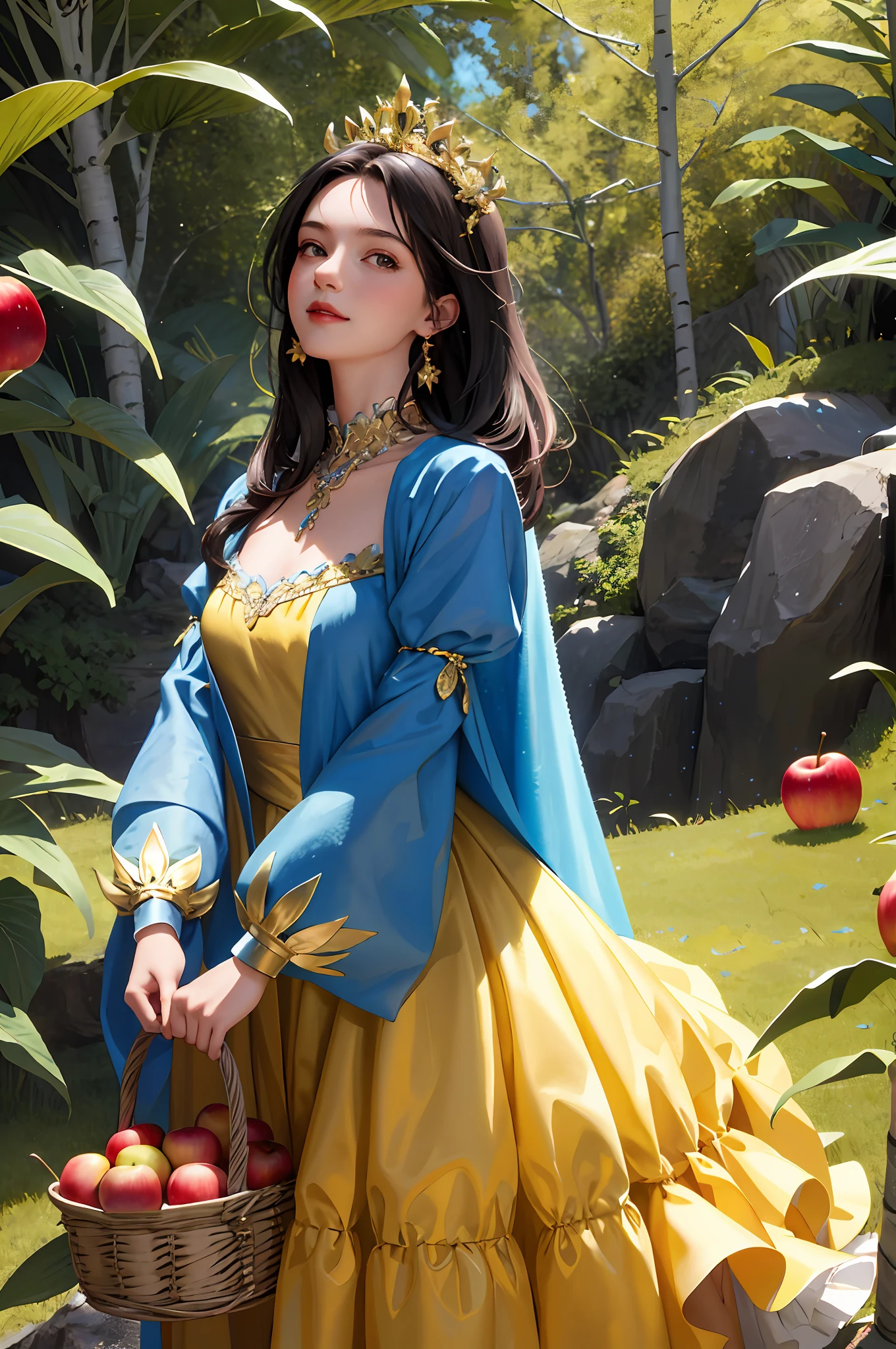 (masterpiece:1.5, best quality:1.5), realistic, (hyper realistic:1.5), (photo realistic:1.5), (real picture, intricate details), looking at viewer, (8k wallpaper:1.5) (from knee to head:1.15), (detailed face:1.5), (detailed eyes:1.5), (sharp photo),highly detailed, ultra-detailed, ultra high res, Style - realistic Location - Enchanted forest Background - A dense forest with tall trees, vibrant flowers, and colorful mushrooms. In the distance, a castle can be seen peeking through the trees. Subject - Snow White, a young and beautiful princess View - Full body view, from the front Appearance - Snow White has fair skin, long black hair, and big bright eyes. She wears a blue and yellow dress, a red cape, and black shoes. She is holding a basket of freshly picked apples. Outfit - A blue and yellow dress with a puffy skirt, a white collar, and short puffy sleeves. A red cape with a golden clasp and a white lining is draped over her shoulders. Pose - Snow White is standing with her back straight and her head held high, looking off into the distance with a gentle smile on her face. She is holding a basket of apples in one hand and her skirt with the other. Details - Her dress and cape are adorned with golden trims and delicate embroidery. Her shoes have small bows on them. Her basket is filled with red apples, and there is a small bird perched on the edge. Effects - Rays of sunlight are shining through the trees, casting warm and colorful glows on Snow White and the forest. Description - Snow White is standing in the enchanted forest, surrounded by lush and vibrant vegetation. Her blue and yellow dress and red cape stand out against the greenery, and her beauty radiates from within. She looks serene and content, holding a basket of freshly picked apples, unaware of the danger lurking in the shadows.