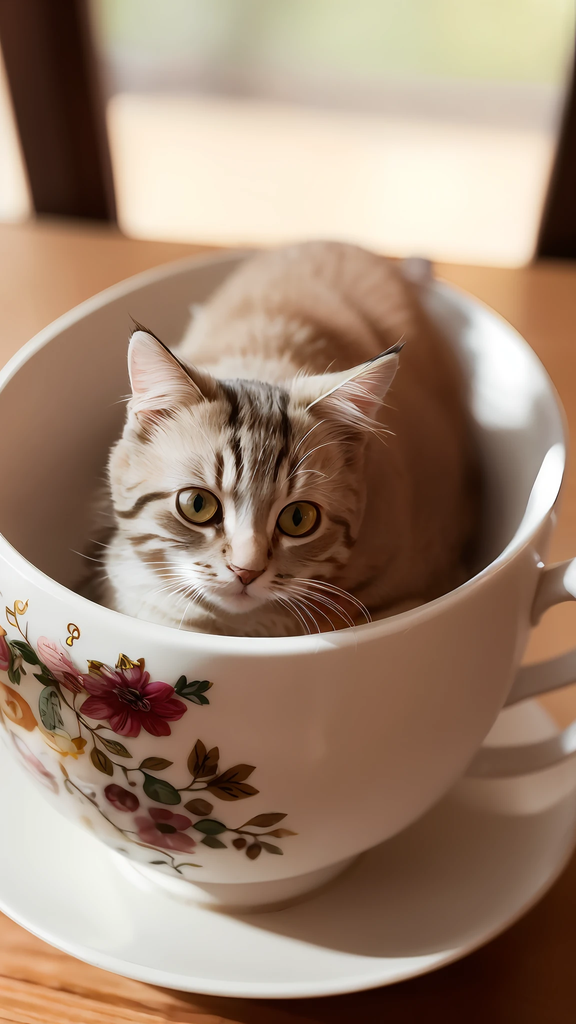 cat, (Himalaya), (large)))), in teacup, face, front paws sticking out, 8K, professional photo, delicate, clear, on table, inside the house, sunlight, light leakage, masterpiece, ((pretty))), fashion teacup, (reality), plush toy, round pupils