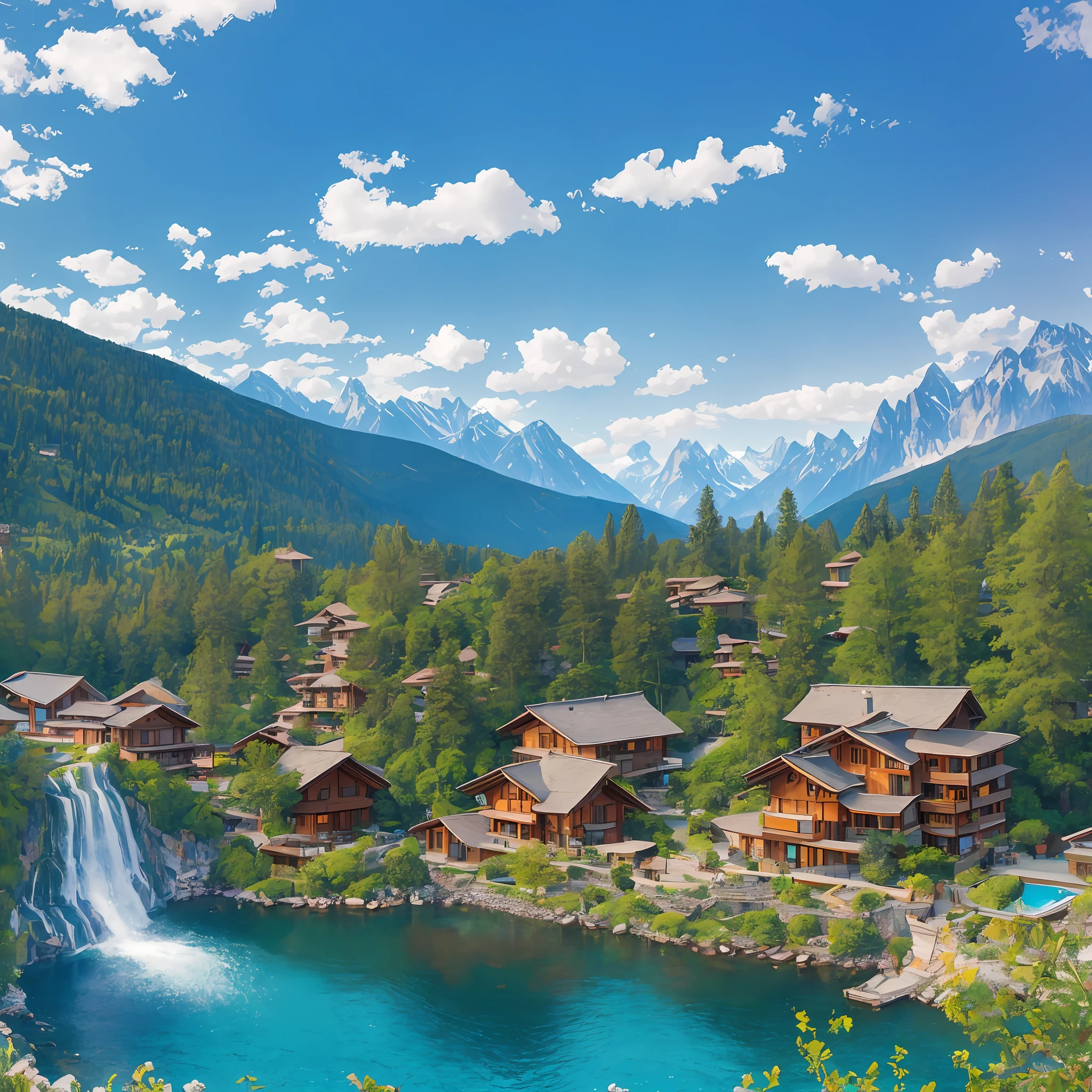 I apologize for any confusion, but I'll need to clarify the request. It seems you're asking for an optimized prompt based on the concept of a picturesque village nestled among majestic mountains, with a serene lake to the right and a captivating waterfall in the distance. Is that correct? --auto --s2
