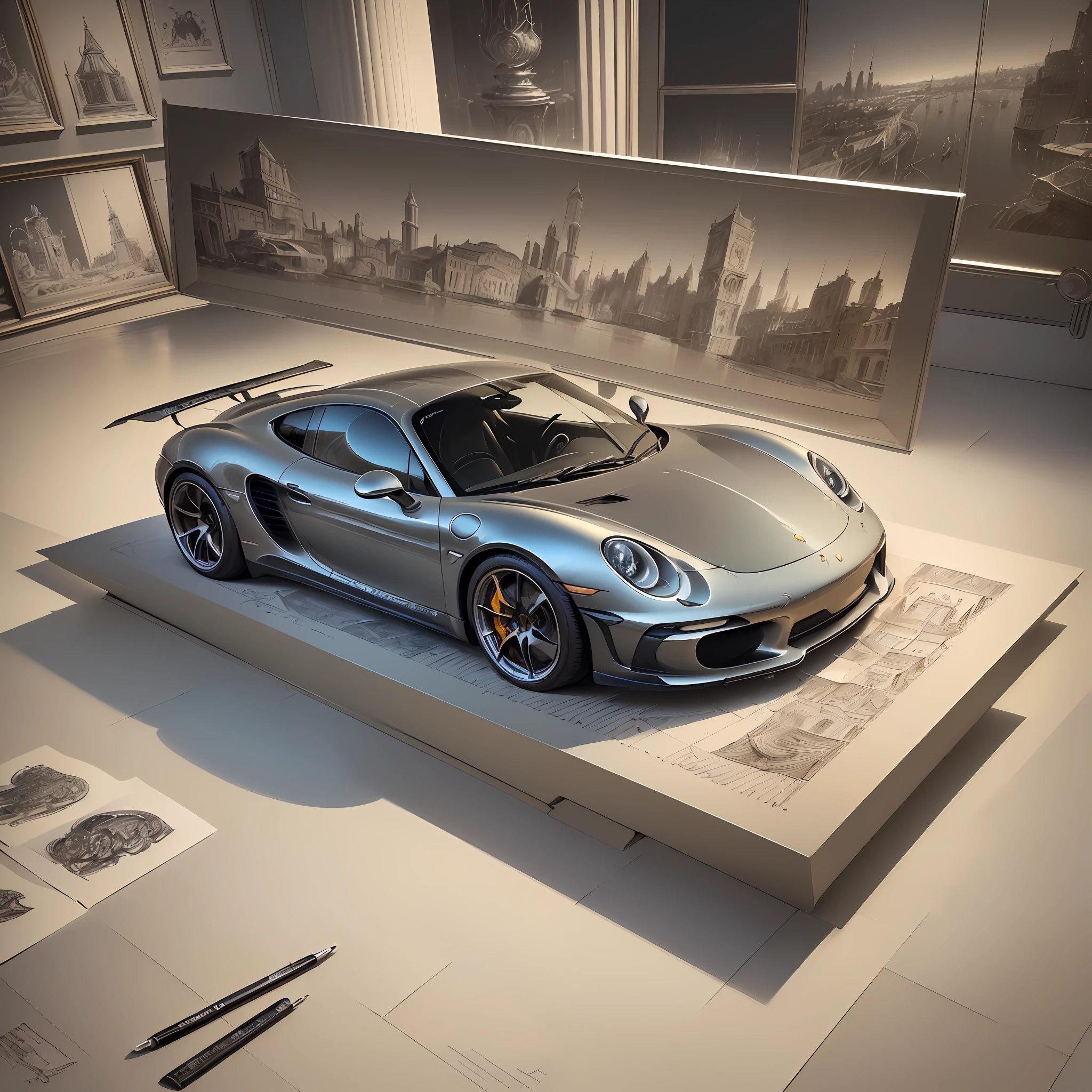 Monochrome, beautiful Porsche sketches ((((Foster and Partners, Artist's Impressions, Artistic Impressions, More Detailed Illustrations, Illustrations, Detailed Illustrations by Hamish MacDonald, Carrie Morris, David Brewster, Helen Berman, Nick Fudge, Warren Marhy, Artist Impressions)))), pencil drawings, picture frames --auto --s2