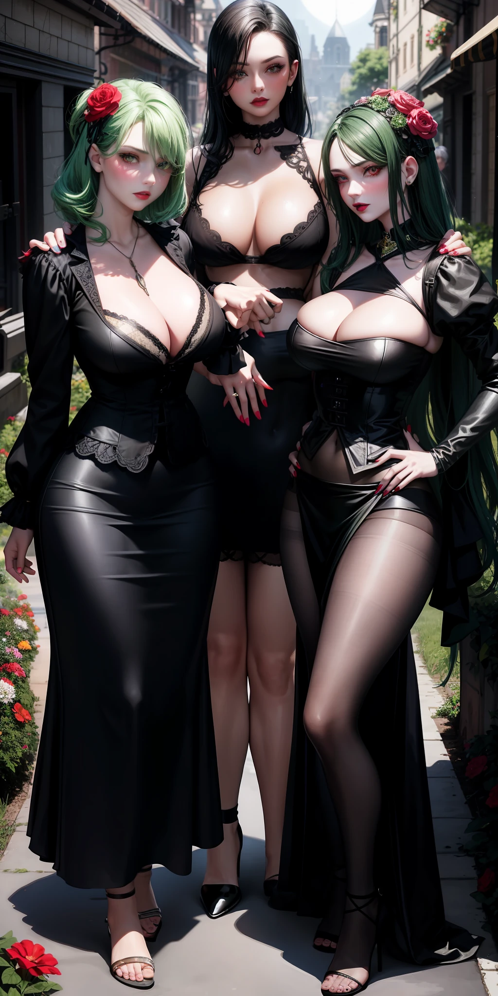 realistic, 2 women, 2 women, 1 woman (GREEN hair), 1 woman (BLACK hair), red eyes, bright eyes, cropped top, skirt, lips parted, blush, night, flowers, sun, sunlight, full breasts, large breasts, spontaneous poses, confident look, graveyard, gothic girl, gothic, victorian, (PERFECT HANDS), perfect hands