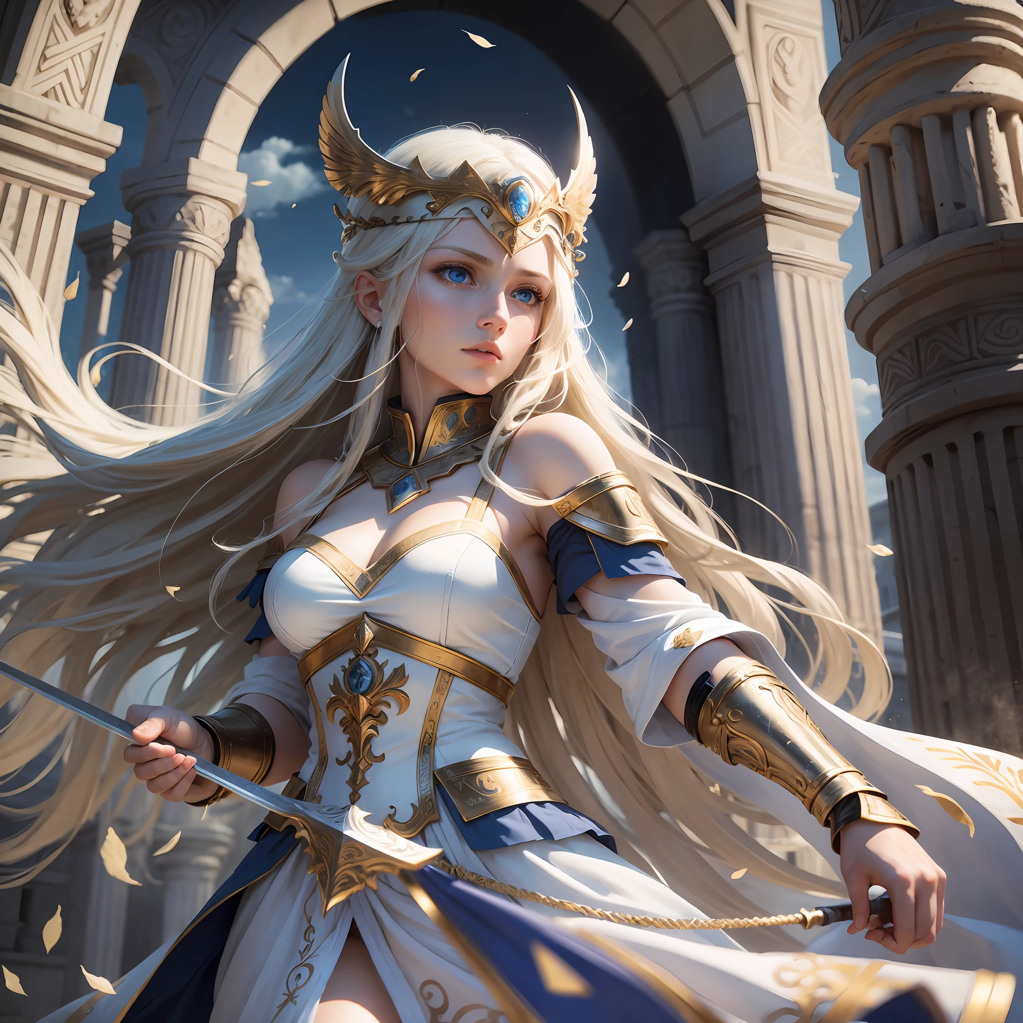 8yk,High Definition,Best Quality,Blue Eyes
White skin
long beautiful blonde hair
Dignified expression
Dress like a warrior
Athena, goddess of wisdom and battle --auto --s2