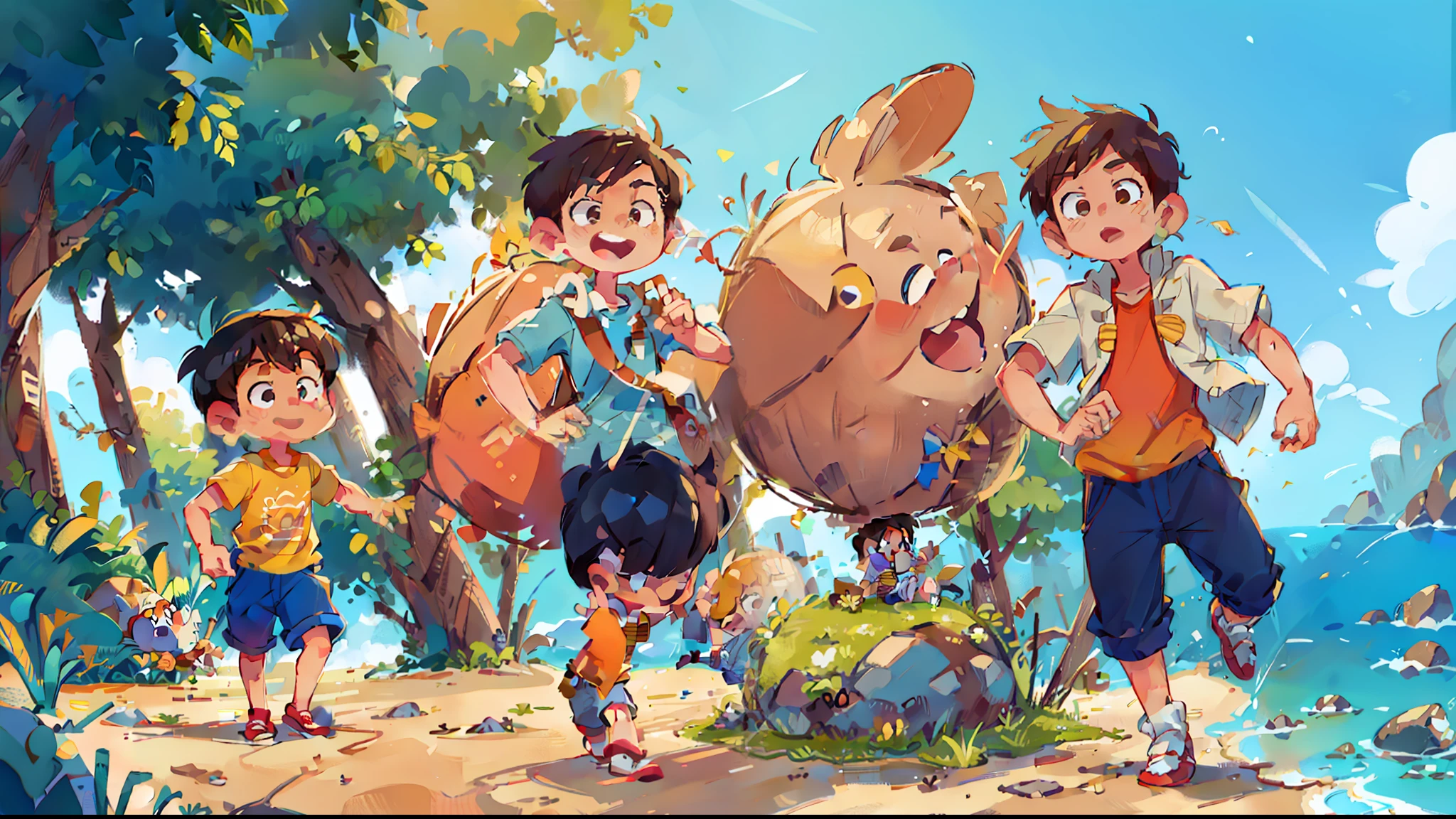 Two handsome boys sunny positive energy boys, an Asian boy, a European boy, chibi proportions, stylish shoes, full body, seaside running and jumping action, background with sun, sand, sea, blender, candy color, fashion trend, super details