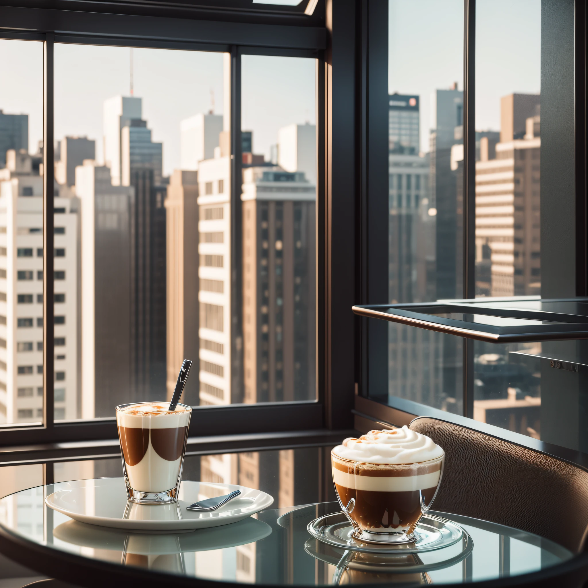 Ordering a cappuccino in a stylish café, working atmosphere, window seat, nice seat, computer, sophisticated space, desk, glass, modern, café, coffee, cappuccino, fashionable, table --auto --s2