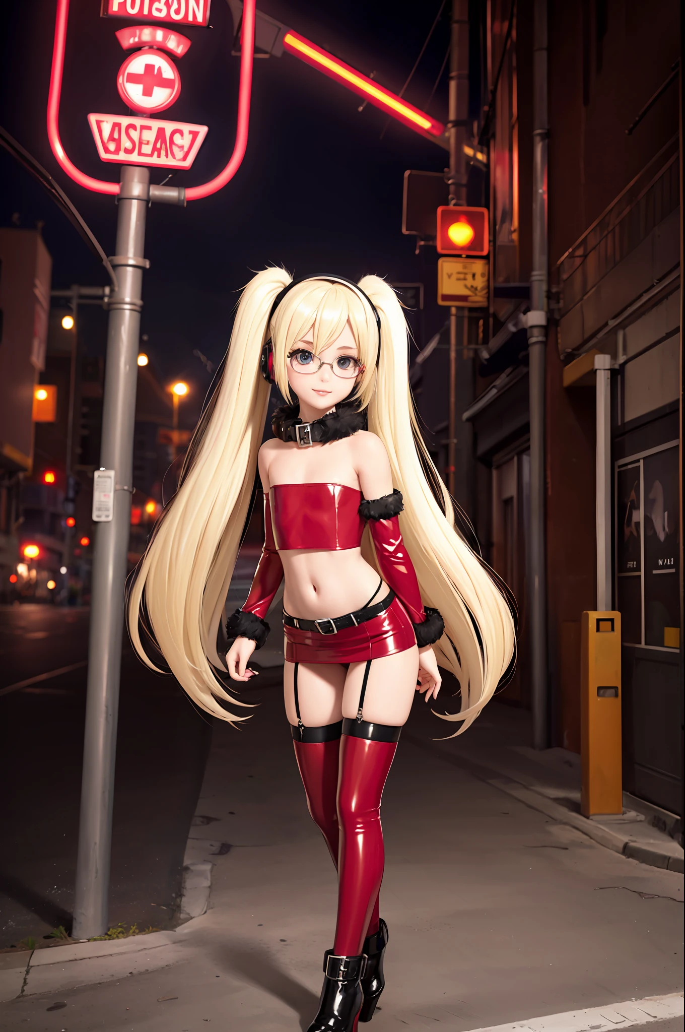 bellybutton piercing ,Little  girl, petite, (:1) ,( flat chest :1)  , (red latex:1), red strapless latex tube top , big lips, thighhighs, girl, walking, nighttime, cyberpunk street, neon sign, (bondage:1), glasses, (platinum blonde hair:1.5) ,long hair, twintails, (headphones:1), red latex  miniskirt ,slave collar, midriff, high-quality, masterpiece, 4k,  8k, (wearing an open fur jacket:1),, fur trim, (forehead:1), swept bangs, seductive smile, (detailed face:1)