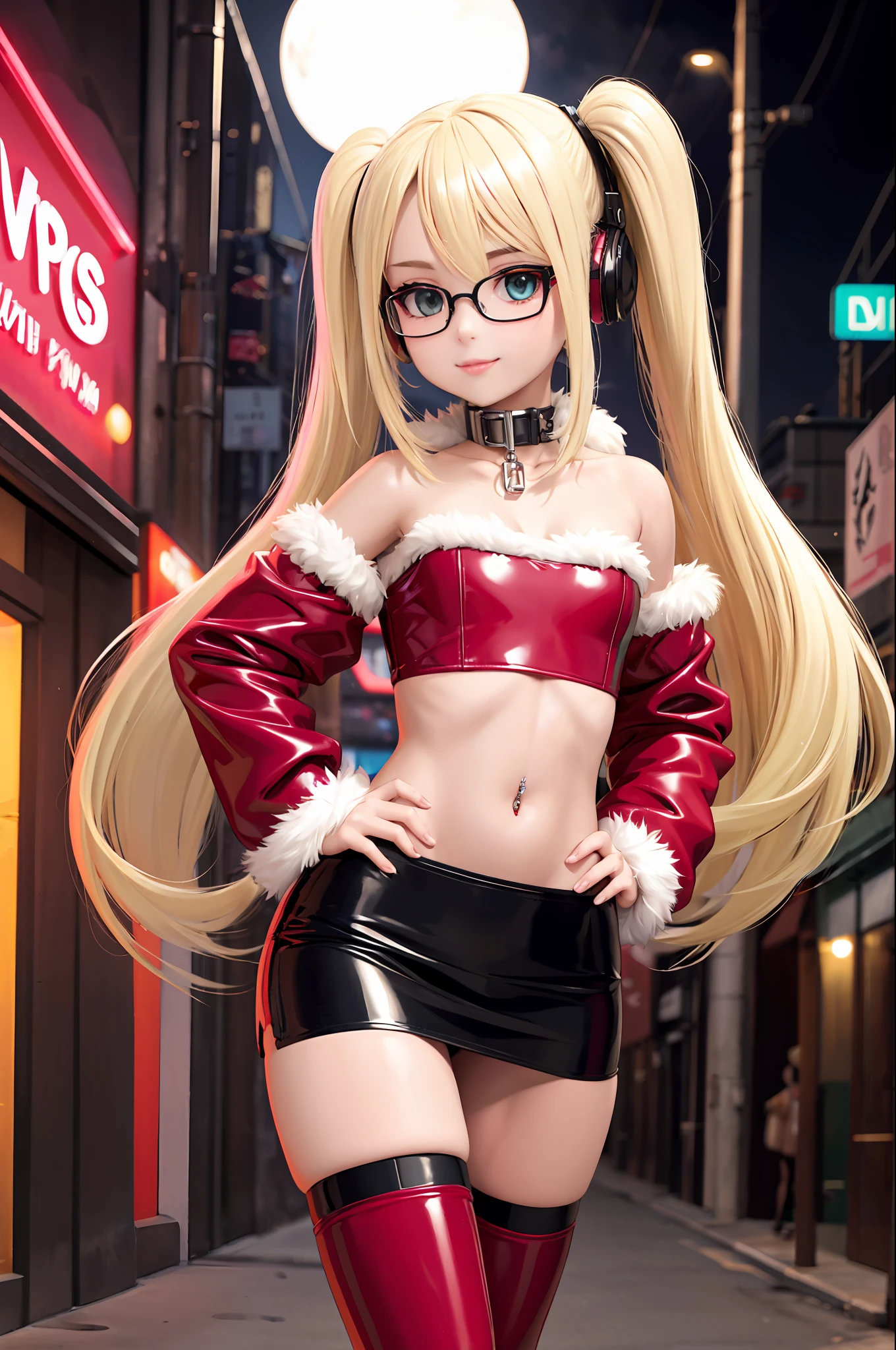 bellybutton piercing ,Little  girl, petite, (****:1) ,( flat chest :1)  , (red latex:1), red strapless latex tube top , big lips, thighhighs, girl, walking, nighttime, cyberpunk street, neon sign, (bondage:1), glasses, (platinum blonde hair:1.5) ,long hair, twintails, (headphones:1), red latex  miniskirt ,slave collar, midriff, high-quality, masterpiece, 4k,  8k, (wearing an open fur jacket:1),, fur trim, (forehead:1), swept bangs, seductive smile, (detailed face:1)