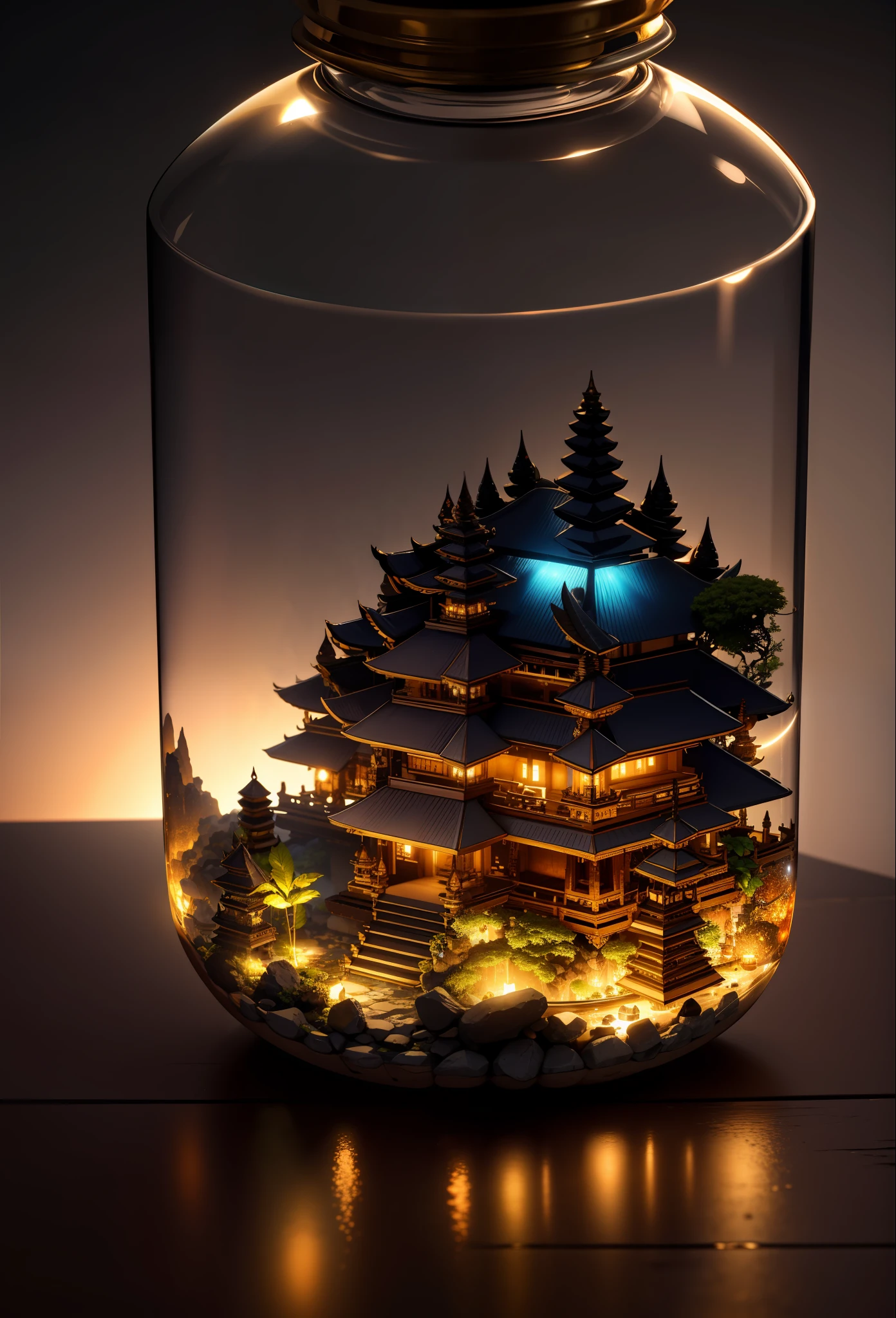 (An intricate Bali minitown landscape trapped in a bottle), atmospheric oliva lighting, on the  table, 4k UHD, dark vibes, hyper detailed, vibrant colours, epic composition, octane render, sharp focus, high resolution isometric