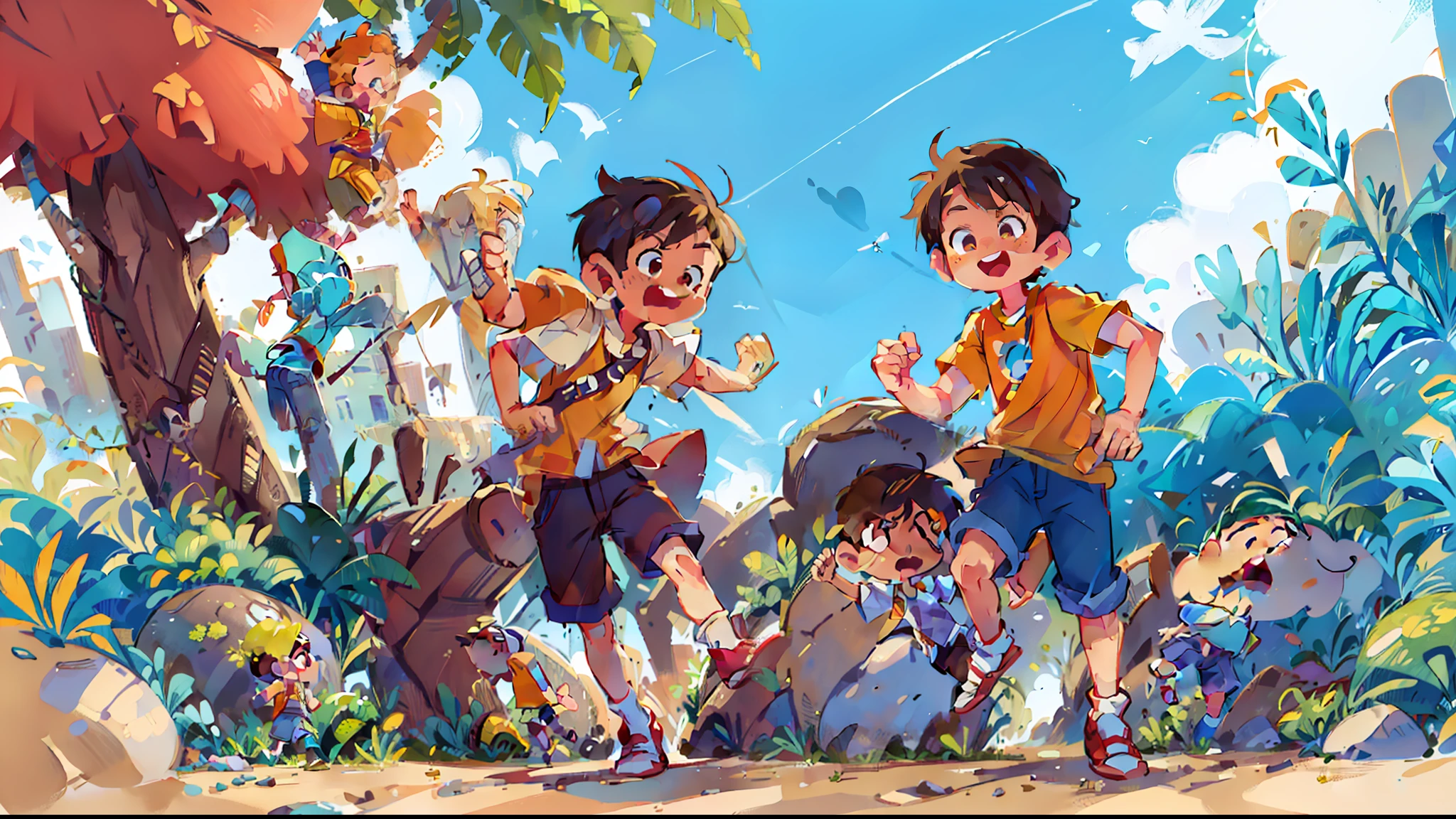 Two handsome boys sunny positive energy boys, an Asian boy, a European boy, chibi proportions, stylish shoes, full body, seaside running and jumping action, background with sun, sand, sea, blender, candy color, fashion trend, super details