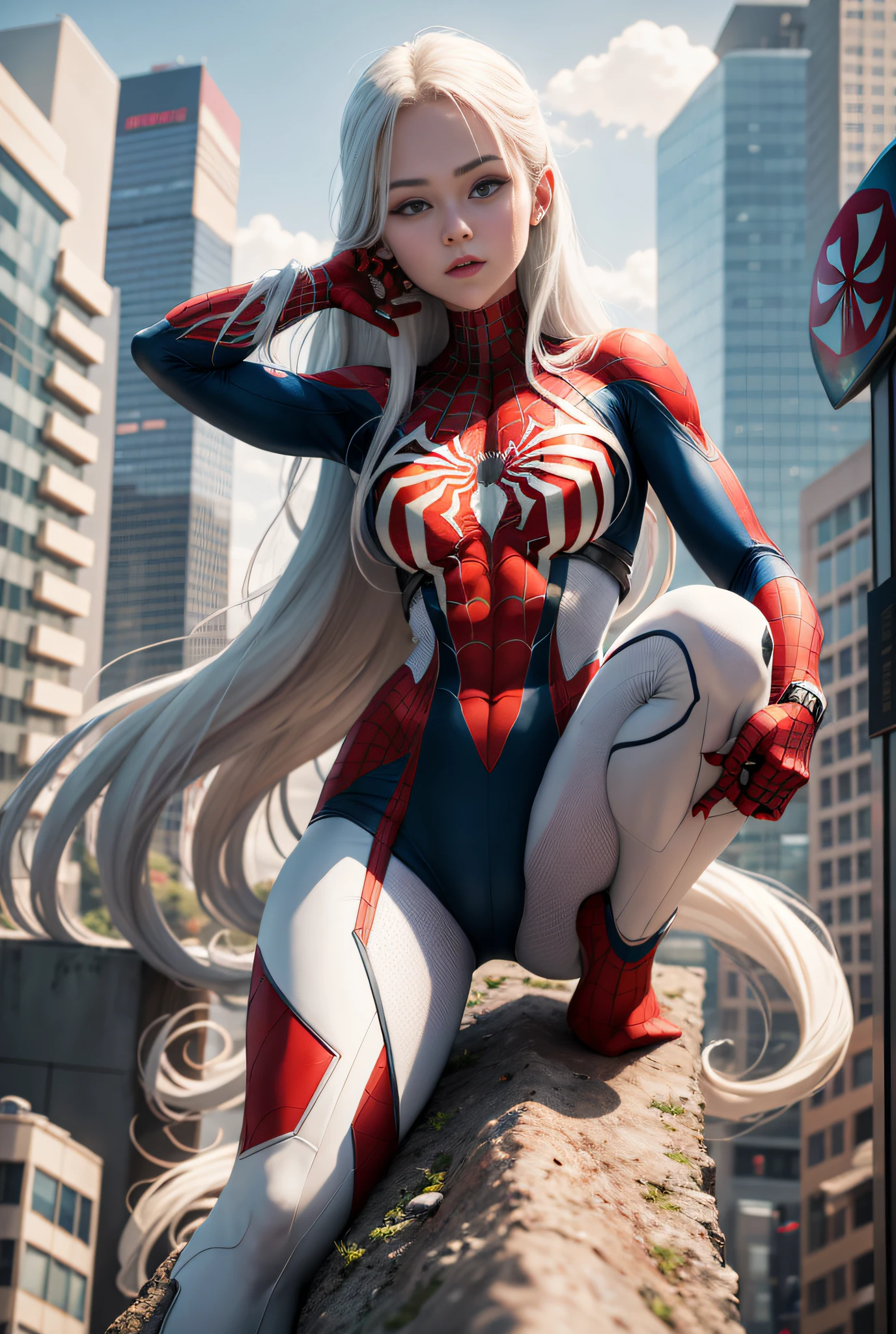 4k, realistic, carismatic, very detail, there is a girl on top city, wearing spiderman costum, she is a spiderman, white super hero theme, white long hair, 25 years old, full body