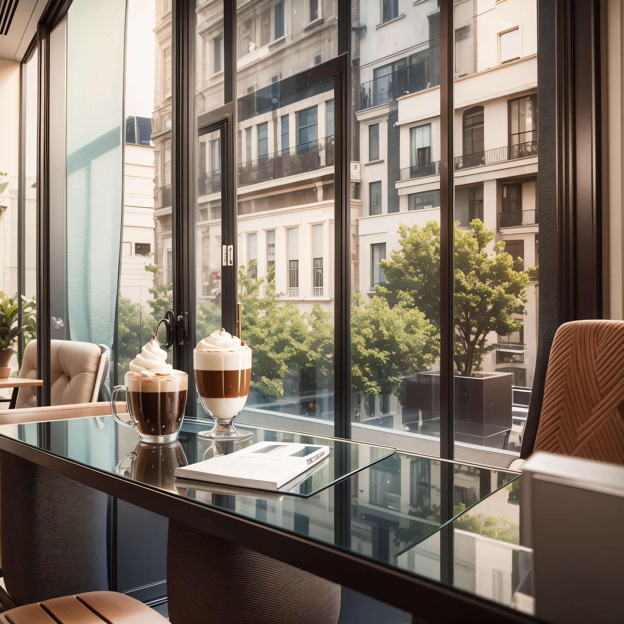 Ordering a cappuccino in a stylish café, working atmosphere, window seat, nice seat, computer, sophisticated space, desk, glass, modern, café, coffee, cappuccino, fashionable, table --auto --s2