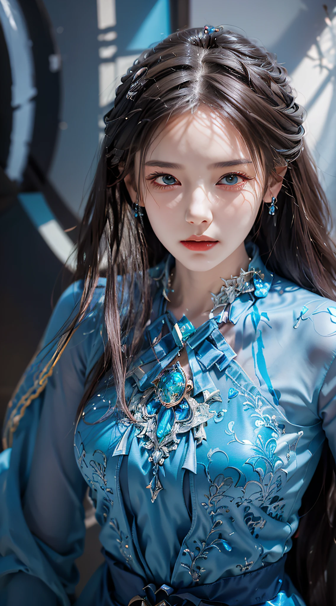 a close up of a woman with long hair wearing a blue dress, game cg, artgerm ; 3d unreal engine, stunning character art, 2. 5 d cgi anime fantasy artwork, hyperdetailed fantasy character, inspired by Li Mei-shu, epic exquisite character art, smooth anime cg art, beautiful character painting, beautiful digital artwork