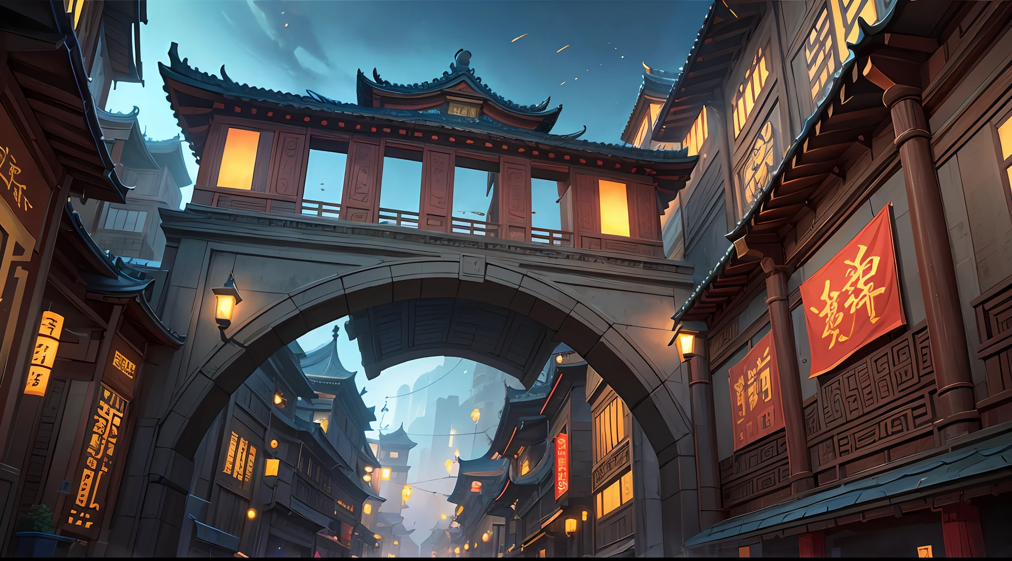 Ancient Chinese arch close-up, low building, night, dark tones, big perspective, looking up, fist game concept art, rossdraws, global lighting, ross tran. Landscape background, painting concept art, Ross Tran and Bayard Wu, painting as game concept art, League of Legends concept art, stylized concept art, Blizzard Hearthstone concept art, Overwatch sojourn, architectural details texture clear, perspective correct, ancient Chinese architecture