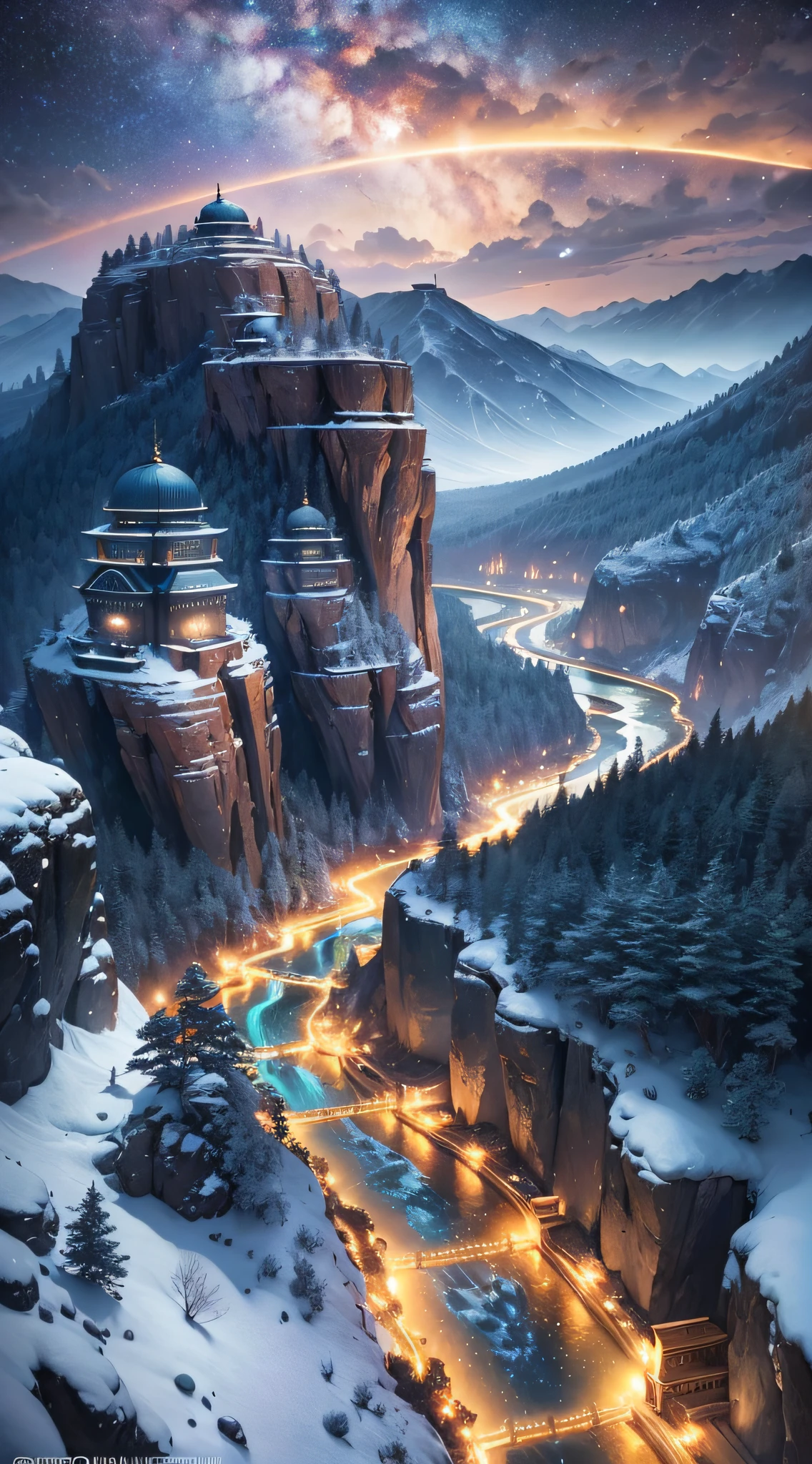 This is surreal and complex CG rendering. At night, the light blue sky is covered with a large waterfall on the golden river, Tron-style majestic Great Wall of China, glowing path, Milky Way, huge waterfall, starlight, art, HD, starry sky, many small but colorful glowing particles, making up the Milky Way, Arctic, tundra and iceberg, huge waterfall, fantasy, high detail, beautiful, 8K, octane lights and shadows, complex details, ultra-wide angle, panoramic shooting, 8K. HD. Landscape photography: Marc ADAMUS, photorealistic volumetric light, 8Kv volumetric light HD,--ar 9:16 --auto --s2