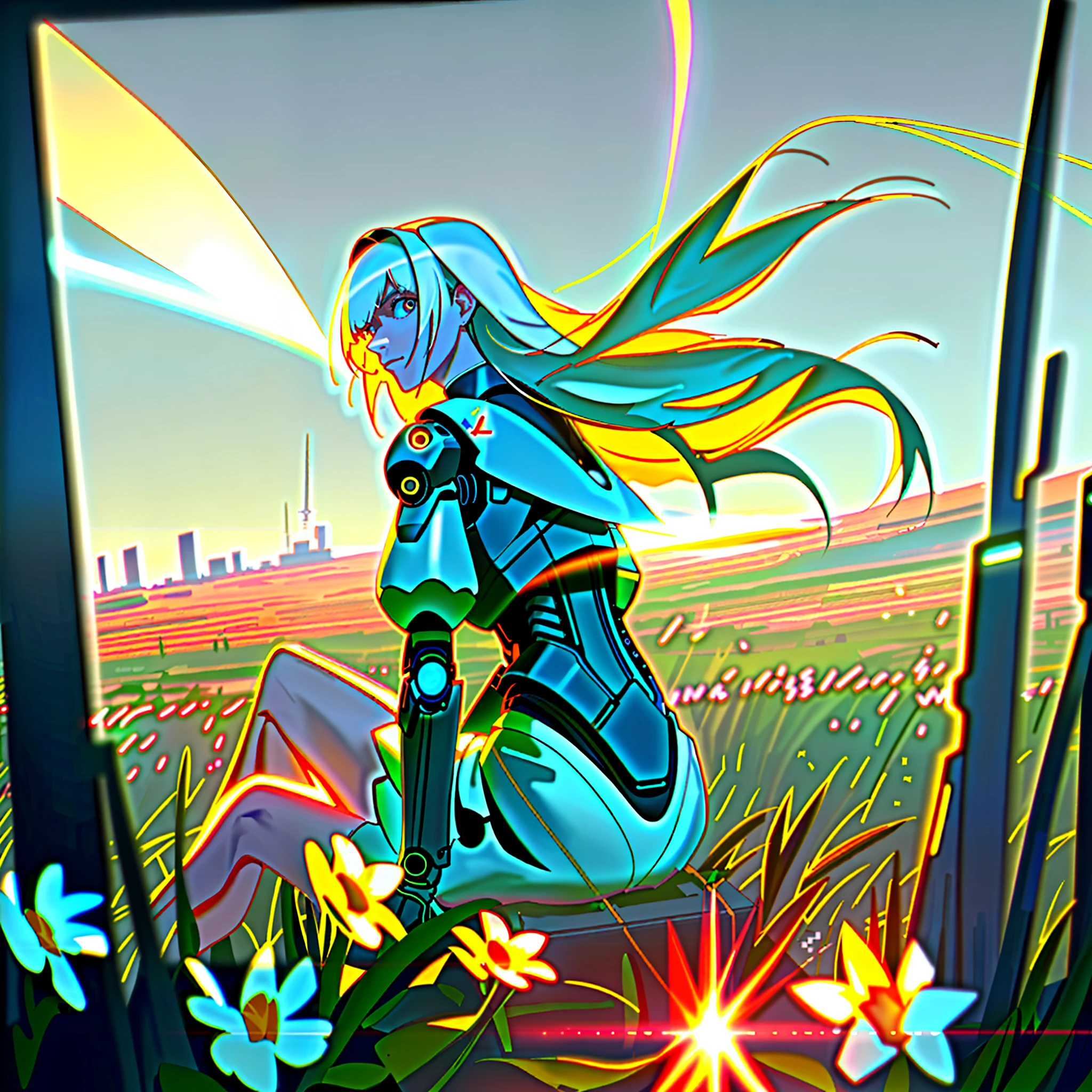 Best Quality, Masterpiece, High Resolution, 1 Cyberpunk White-Haired Girl, Beautiful Face, Physics, Wearing Top and Panties, Big As, Tyndall Effect, Realistic, Sitting on the Prairie, Dazzling Sunlight, Colorful Flowers, (Rear View Edge Lighting, Two-tone Lighting, (High Detail Skin: 1.2), 8k UHD, DSLR, Soft Light, High Quality, Volumetric Light, Voyeur, Photo, High Resolution, 4K, 8K, Background Blur