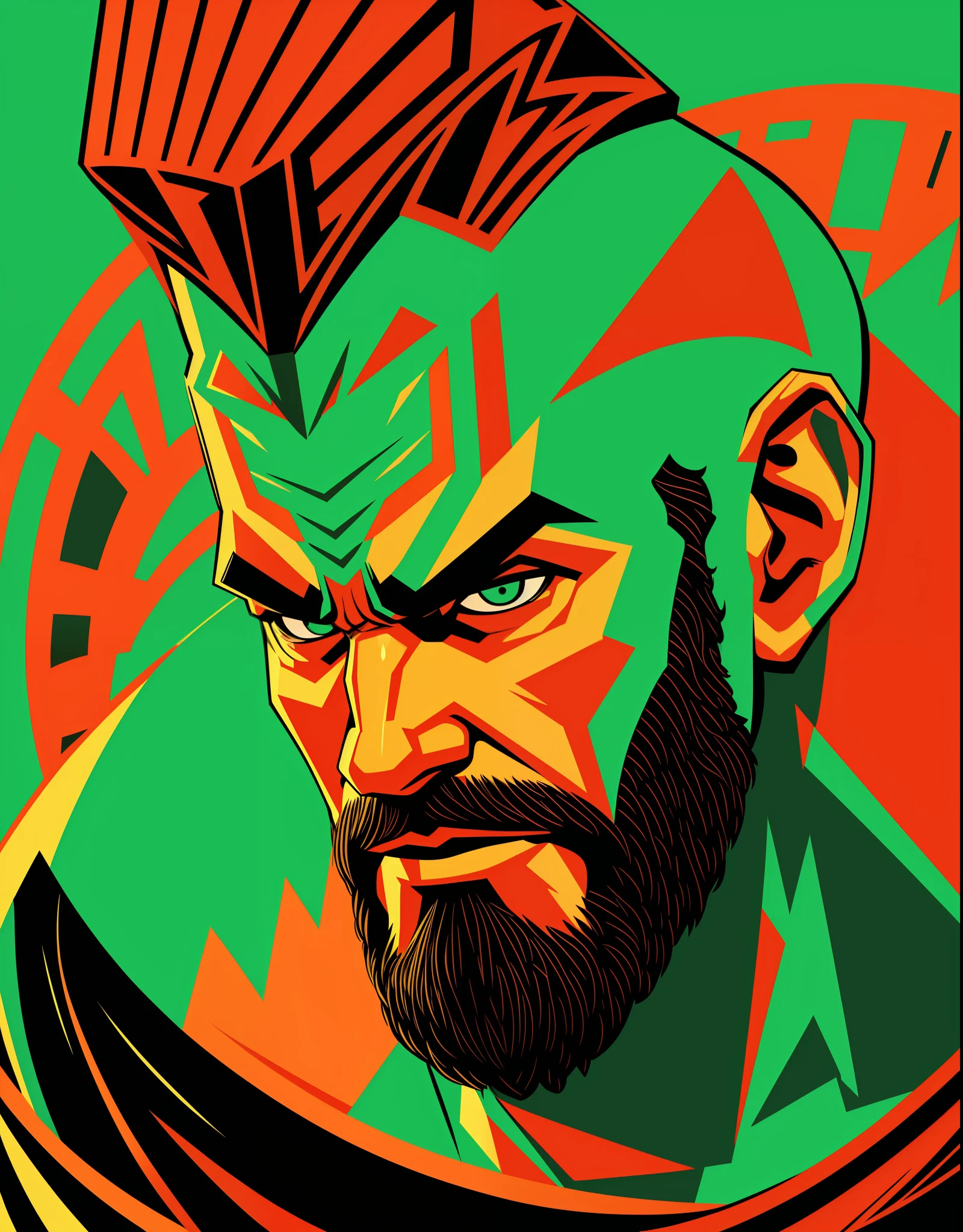 [Men, short-haired, professional wrestler, angry look], heraldic silhouette, logo masking style illustration, green background, art, realistic, majestic, rich vivid colors, high contrast, seamless water brand, art station, deviant art, dribbling, red bubble, tea public, sharp focus, simple, hyper detail, detailed drawing, vectorization, outline, isometric style, 8k.
