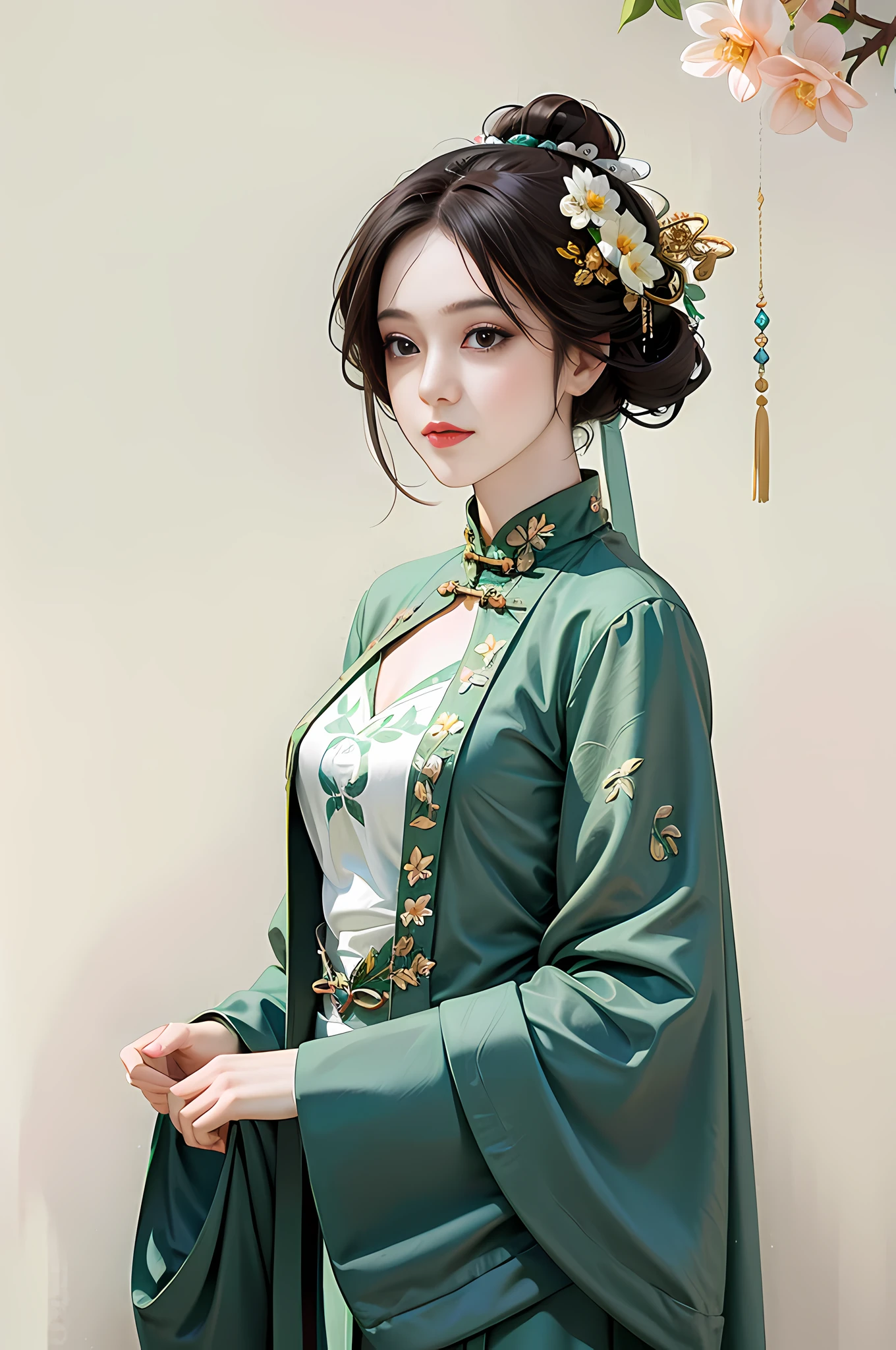 (Masterpiece), (Best Quality), Unity 8K wallpaper, ultra detailed, (Fractal Art: 1.5), 1 Girl, Chinese dress, green dress, Han suit, head flower, hairpin, delicate makeup, eye shadow, looking at the camera, holding flowers, clear fingers