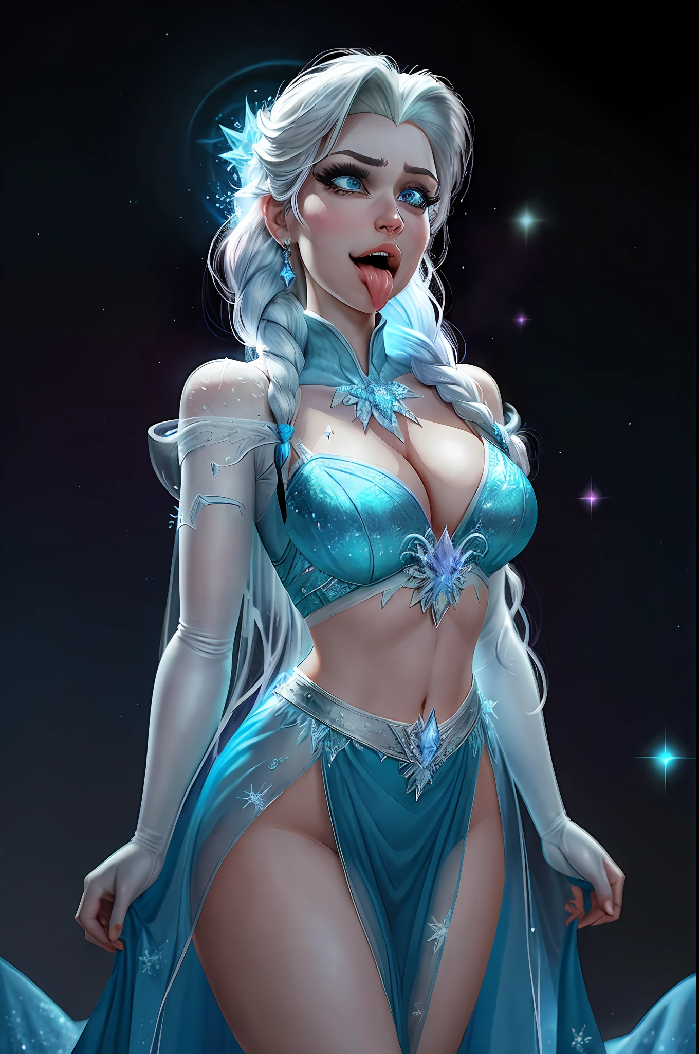 1girl, (solo:1.5) 18 years old, sexy beautiful Elsa from Disney frozen, ice queen, perfect face, detailed eyes, detailed iris, gorgeous, stunning beautiful, photo, midriff, cleavage, purple dress,  thigh up shot, 8k,  highly detailed, photorealistic, contrapposto, soft cinematic lighting, (backlighting:1.2), (bloom:1.2), (light sparkles:1.1), (chromatic aberration:1.2), sharp focus, high contrast, (ahegao:1.5)