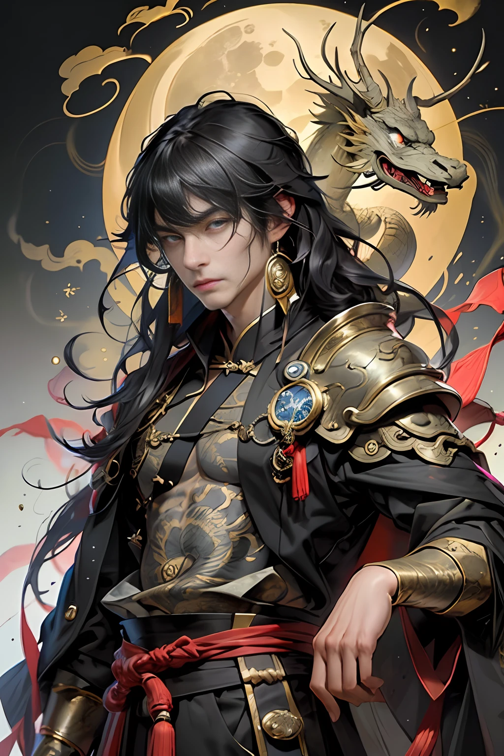 Masterpiece, best, night, full moon, 1 person, mature man, Chinese style, ancient China, black hair, black eyes, split ends, long hair, long bangs, handsome, handsome, masculine, serious, gentle, tall, calm, black gold blended, golden texture, dragon pattern, prince, palace