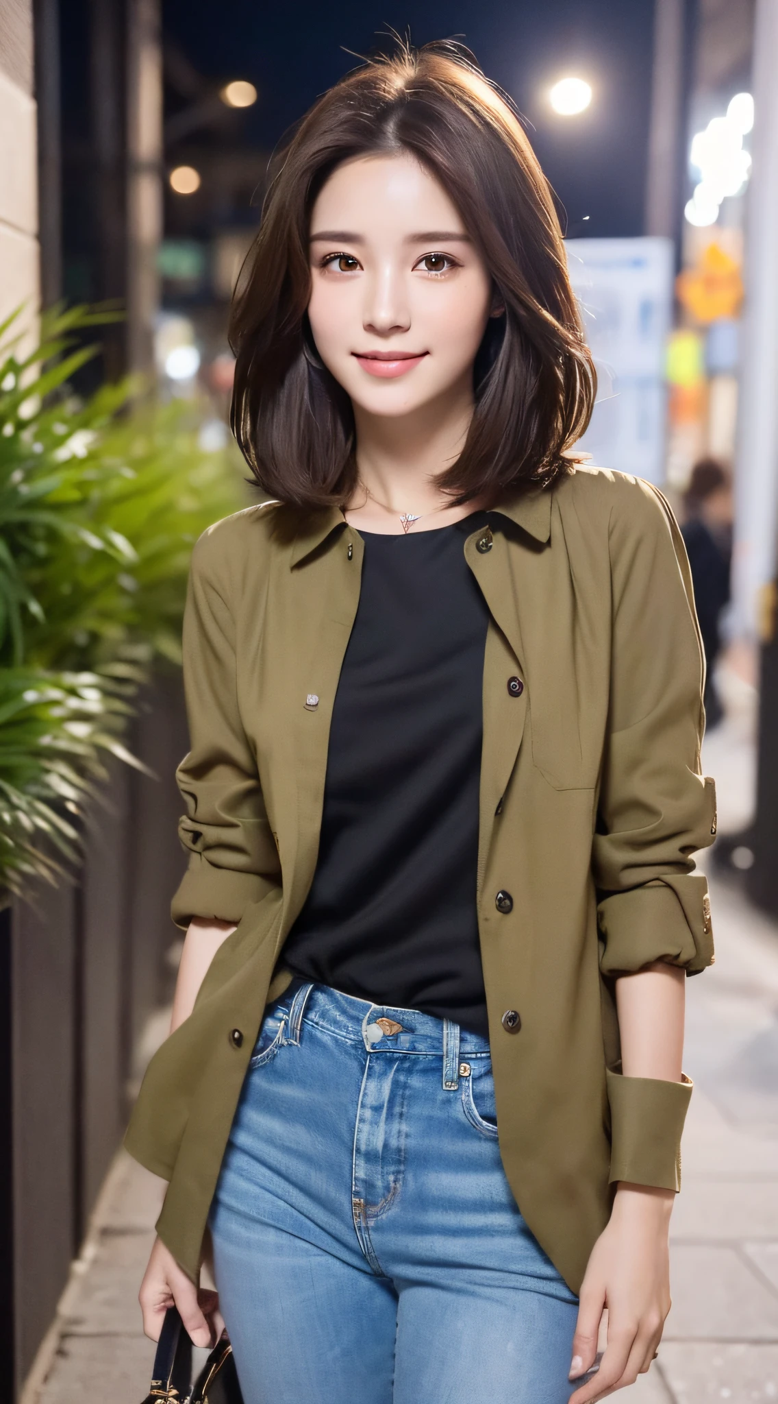 ((Best Quality, 8K, Masterpiece: 1.3)), 1 girl, smile, full body, slim face, pretty woman, (short dark brown hair), casual outfit, ultra-detailed face, detailed eyes, double eyelids, blurred background, slim face, city, outside, street,
