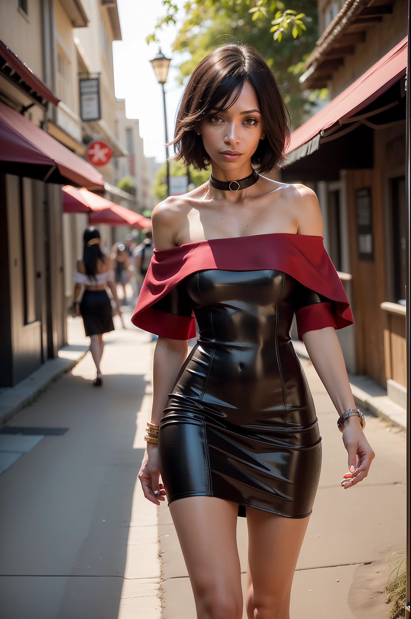 (((Tamara Taylor))), (a very tall slender woman with long legs walks on a busy beach promenade), ((tall slender figure)), ((hairstyle bob)), ((short straight black hair)), (narrow pelvis), (small round breasts), big brown eyes, ((small head)), It's evening and the sun is about to set, evening mood, she's smiling, (((She's wearing a red sheath dress))), (photorealistic:1.2), (best quality), (intricate details), 8K, (high poly), (ray tracing), (cinema lighting), (sharp focus), (detailed face:1.3), natural and realistic skin textures, soft face, (full body), ((one strap slipped off the shoulder))