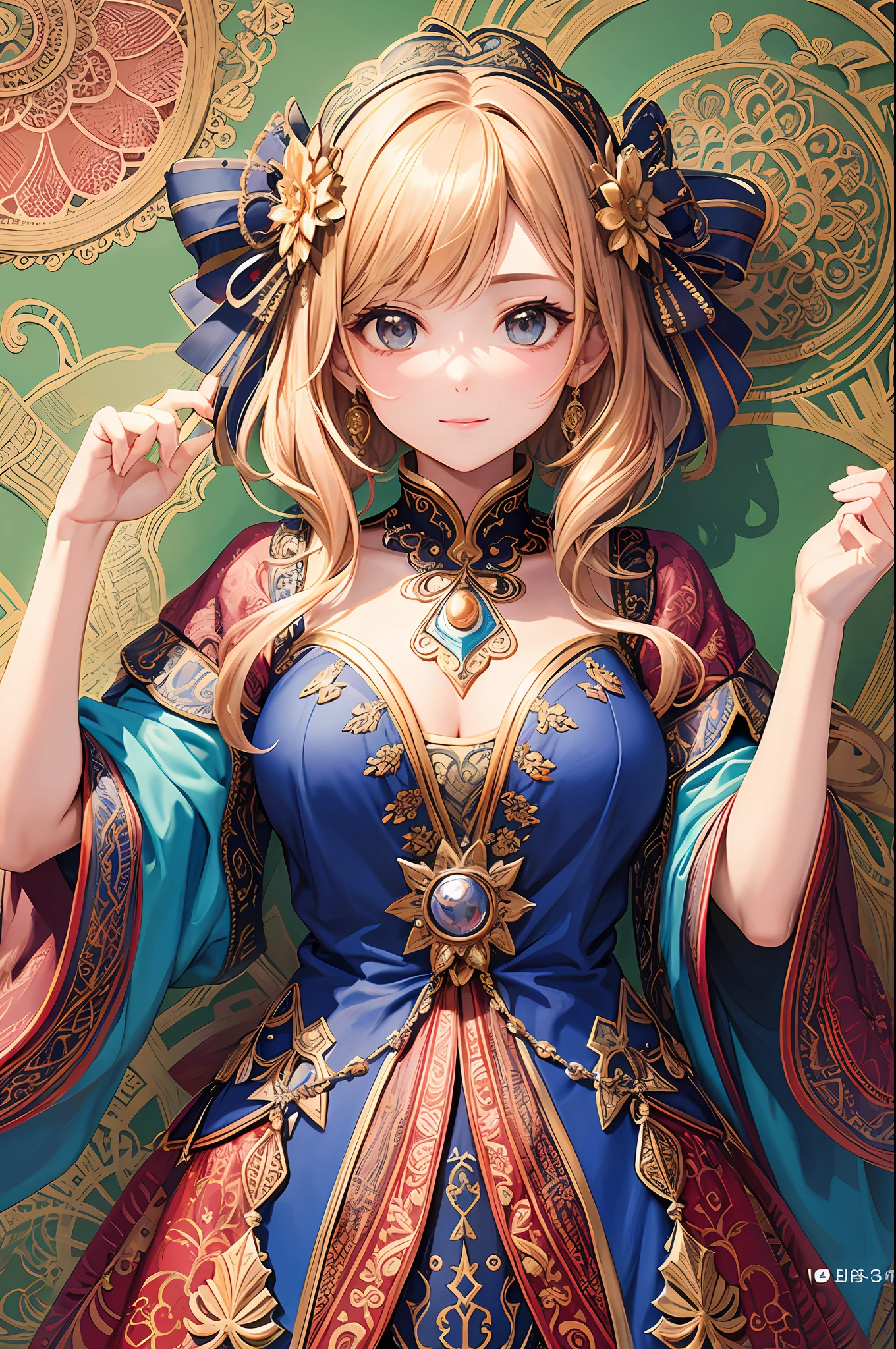 (Masterpiece, Best Quality, Best Quality, Official Art, Beautiful and Aesthetic: 1.2), (1 Girl: 1.3), Very Detailed, (Fractal Art: 1.2), Leaves, Most Detailed, (Zentangle: 1.2), (Dynamic Pose), (Abstract Background: 1.5), (Traditional Clothing: 1.2), (Shiny Skin), (Various Colors: 1.4), Upper Body, Looking at the viewer gently and affectionately, like a goddess,