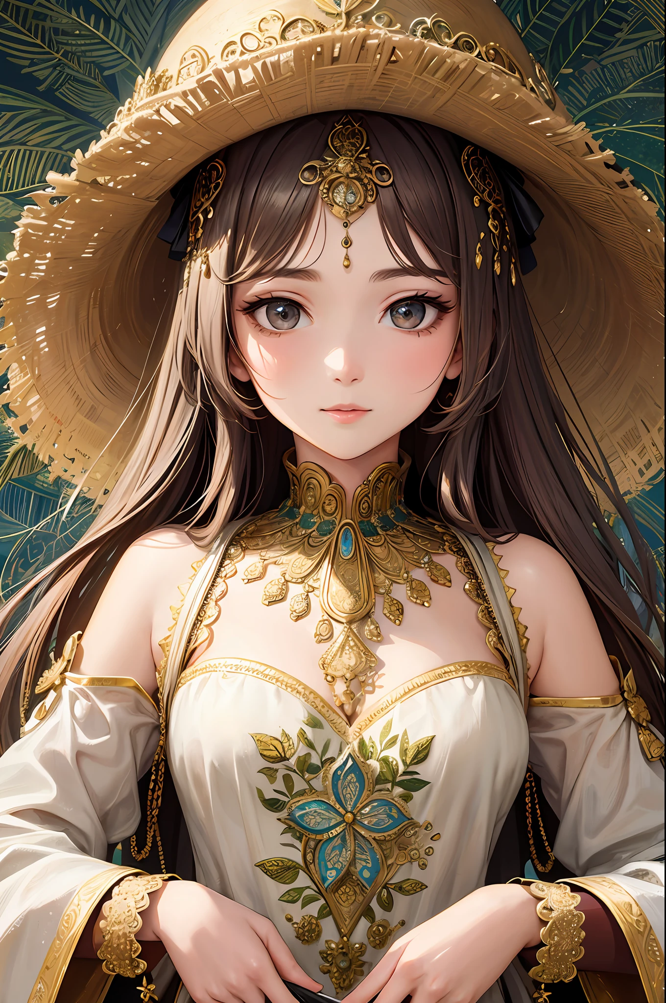 (Masterpiece, Best Quality, Best Quality, Official Art, Beautiful and Aesthetic: 1.2), (1 Girl: 1.3), Very Detailed, (Fractal Art: 1.2), Leaves, Most Detailed, (Zentangle: 1.2), (Dynamic Pose), (Abstract Background: 1.5), (Traditional Clothing: 1.2), (Shiny Skin), (Various Colors: 1.4), Upper Body, Looking at the viewer gently and affectionately, like a goddess,
