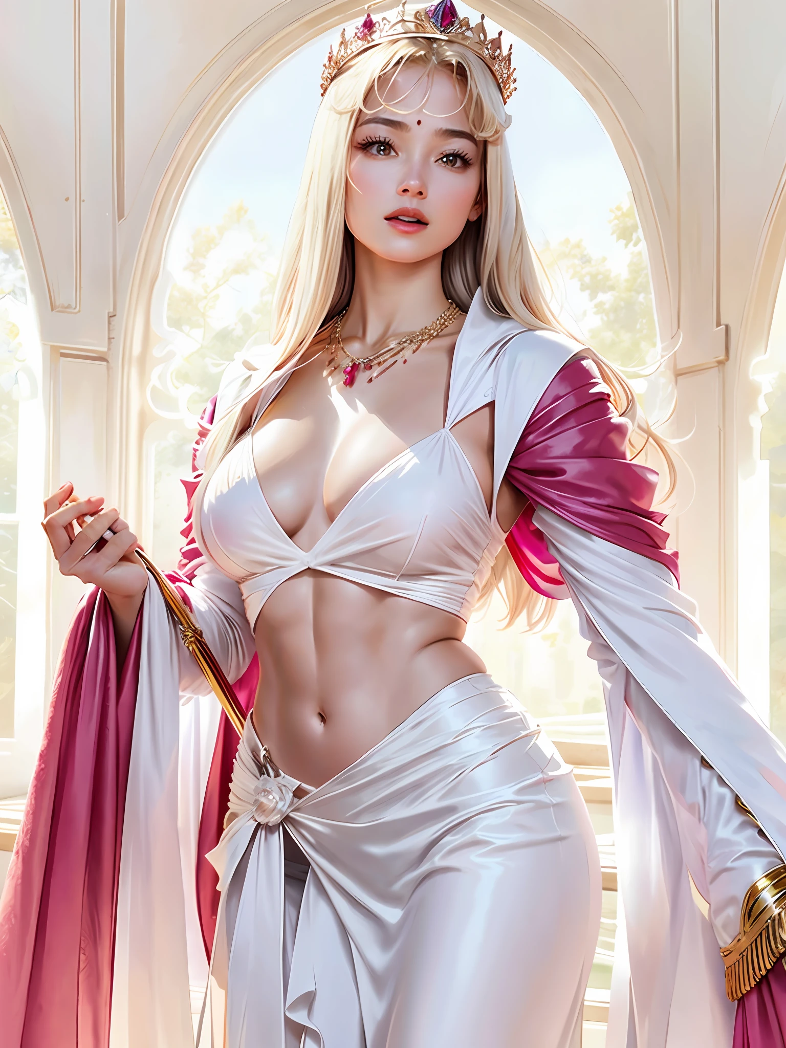 (Masterpiece, Top Quality, Top Quality, Official Art, Beautiful and Aesthetic: 1.2), Ultra-detailed complex 3D rendering of face, various poses, ((Huge chest: 3.4)), (Exposed back: 1.5), (Exposed shoulders: 1.1), (Exposure: 2.1), (Wearing a plummet open shirt of white silk: 1.10)) (Transparent thin colorless micro bikini), Perfect figure: 1.4, Slim abs: 1.1, (1 girl), no bra, pink cape lined with fur, splendid huge crown decorated with precious stones: 2.2), abs, cleavage, blonde, white skin, with strong and detailed weapons, beautiful jewelry necklace, opening mouth lightly, beautiful jewel piyas,