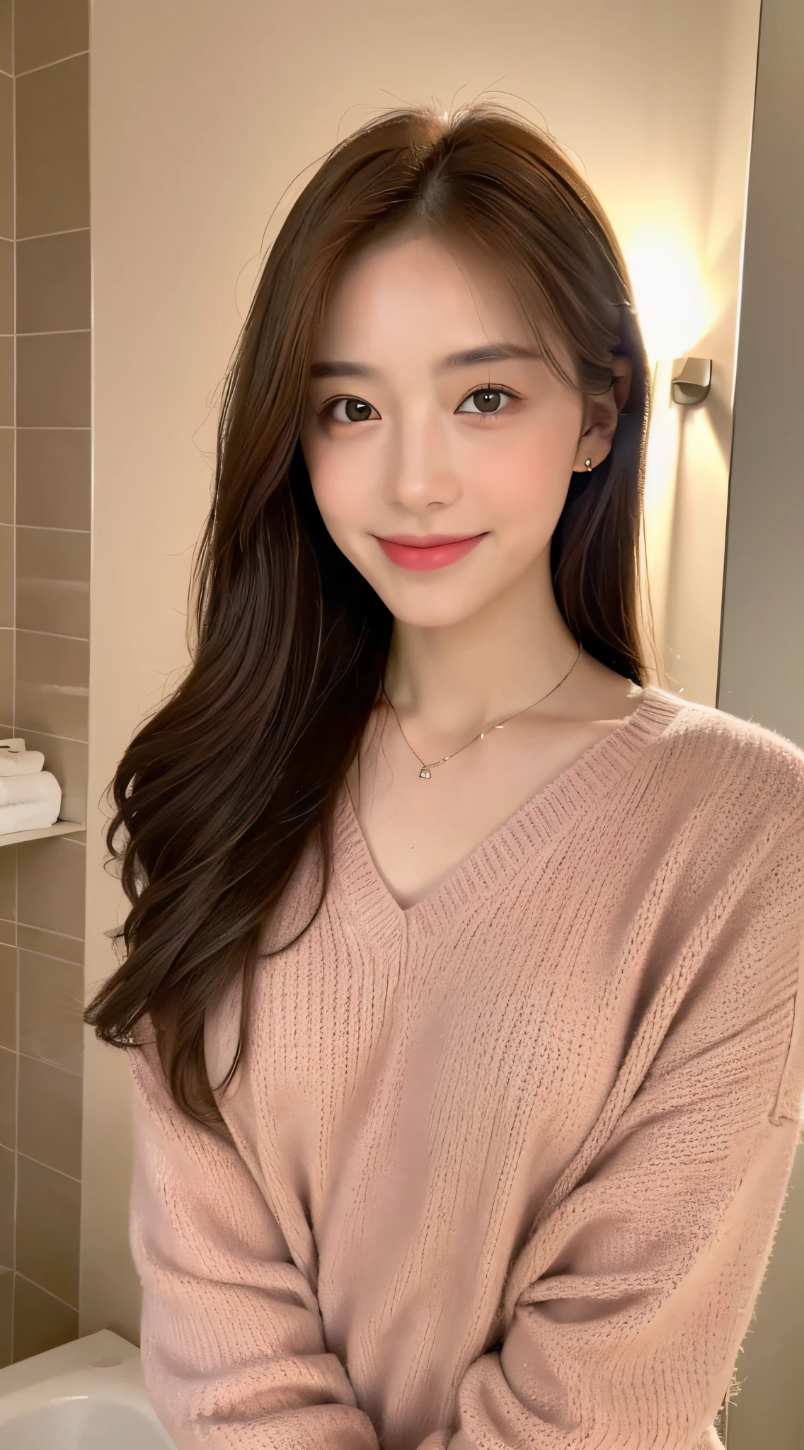 ((Night, Realistic Light, Best Quality, 8K, Masterpiece: 1.3)), 1girl, Slim Beauty: 1.4, Abs: 1.1, (Brown hair, Medium breasts: 1.3), Long pink sweater: 1.1, Bathroom, Super fine face, Delicate eyes, Double eyelids, smile, necklace