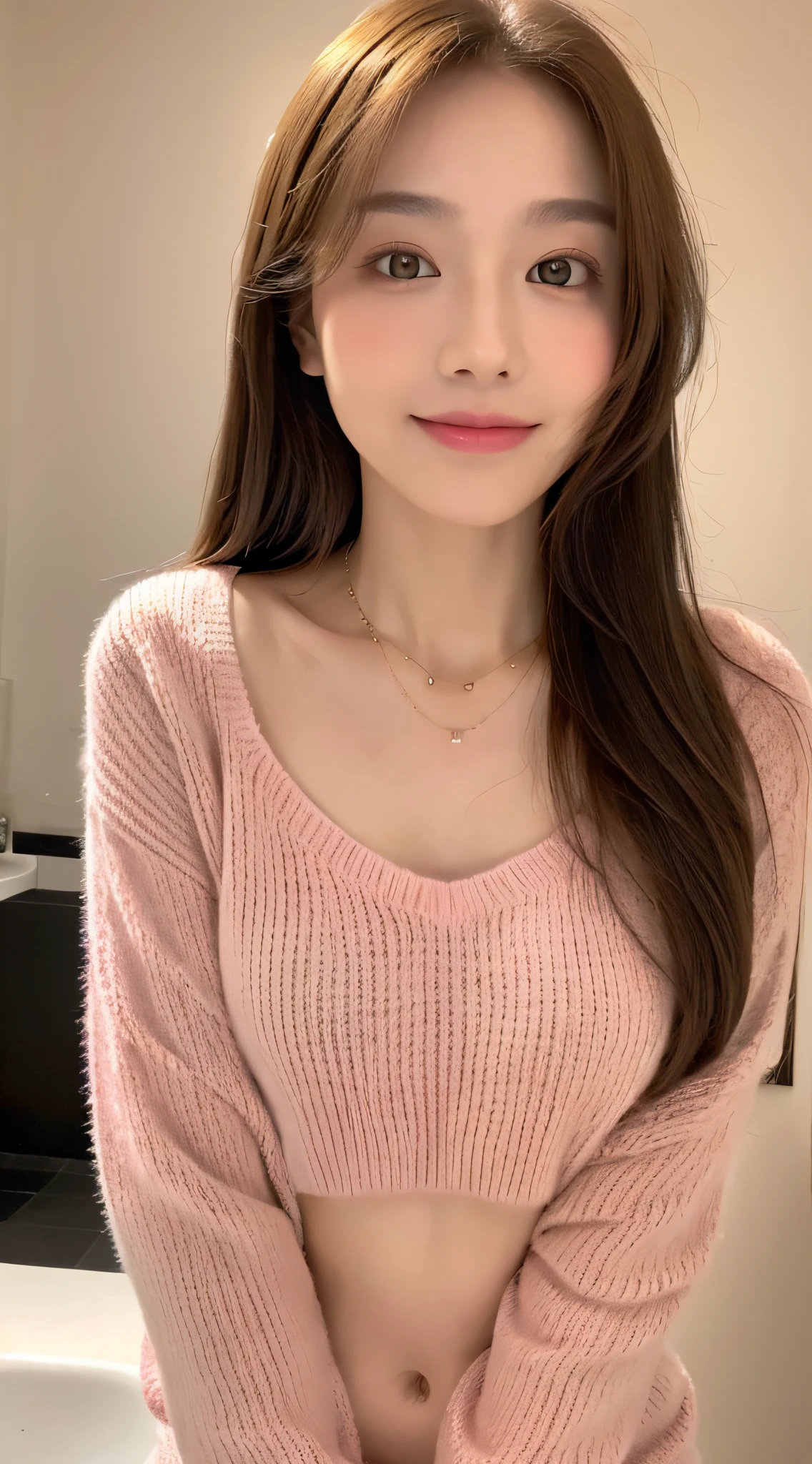 ((Night, Realistic Light, Best Quality, 8K, Masterpiece: 1.3)), 1girl, Slim Beauty: 1.4, Abs: 1.1, (Brown hair, Medium breasts: 1.3), Long pink sweater: 1.1, Bathroom, Super fine face, Delicate eyes, Double eyelids, smile, necklace