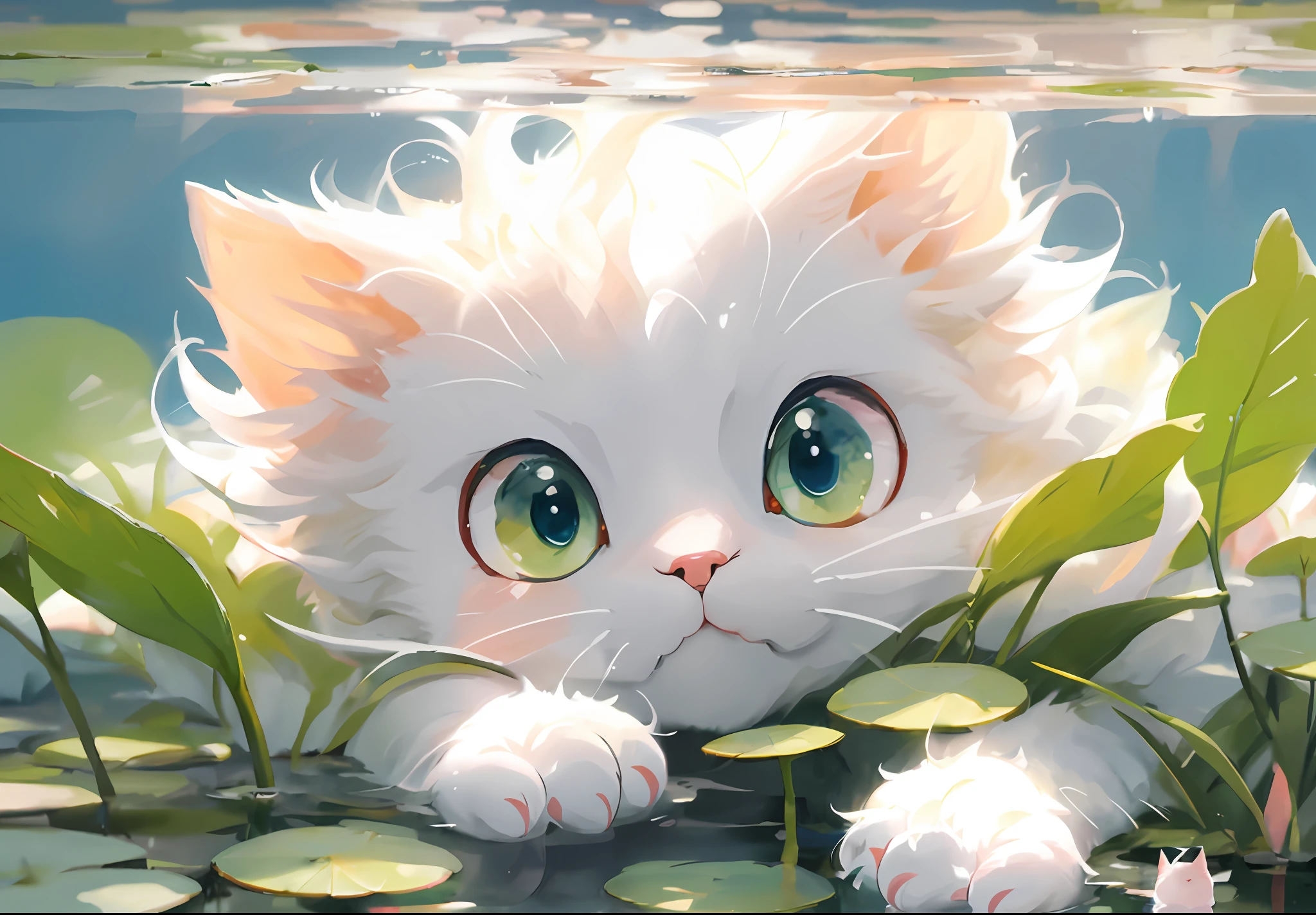 there is a white cat that is sitting in the water, adorable digital painting, anime visual of a cute cat, cute detailed digital art, anime cat, realistic anime cat, a cat swimming in water, cute digital art, liquid cat, very beautiful cute catgirl, kawaii cat, loish and wlop, cute detailed artwork, very beautiful anime cat girl