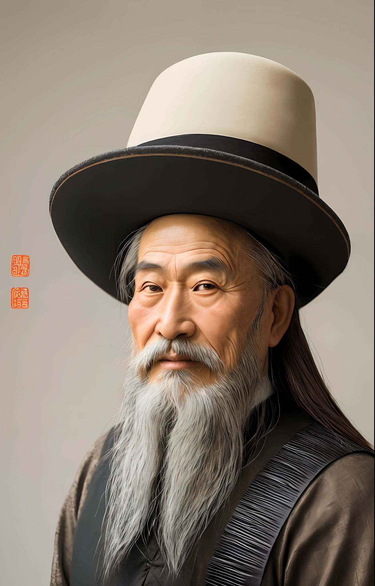 A close-up of an old man with a long beard and a hat, Chiba Xiongda, inspired by Wu Daozi, Zhongyuan Festival, inspired by Chen Daofu, Taoist master, inspired by Li Shixing, inspired by Zhang Wo, an old man, inspired by Cao Zhibai