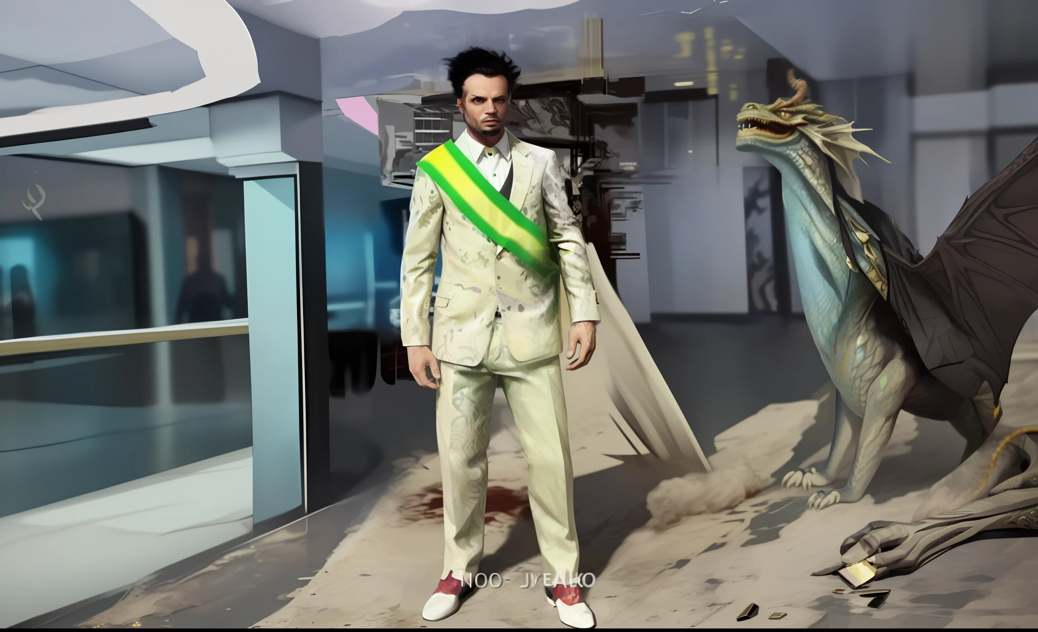 Man in suit and tie standing in a building, wearing an ornate suit, body horror dollar bills, president of Brazil, in dazzling camouflage robes, made of money, holographic suit, dragon-inspired suit, wearing disco suit.