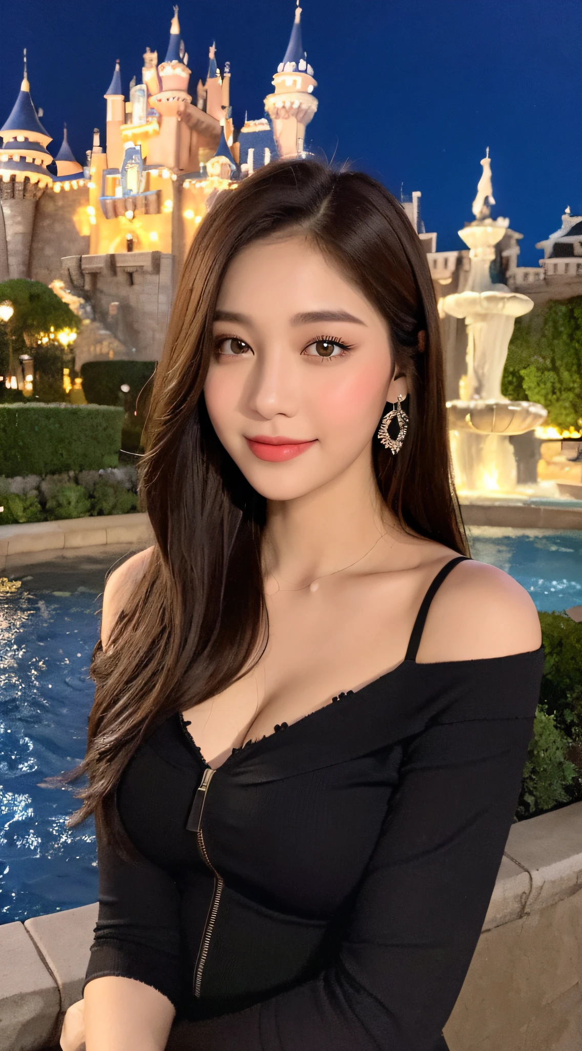 ((Night Scene, Realistic Light, Best Quality, 8k, Masterpiece: 1.3)), 1 Girl, Slim Body Beauty: 1.4, Brown Hair, (Big: 1.3), Off Shoulder Cut Top: 1.3, Ultra Detailed Face, Detailed Eyes, Double Eyelids, Disneyland, Fountain, Castle, Fireworks, Smile, Cleavage