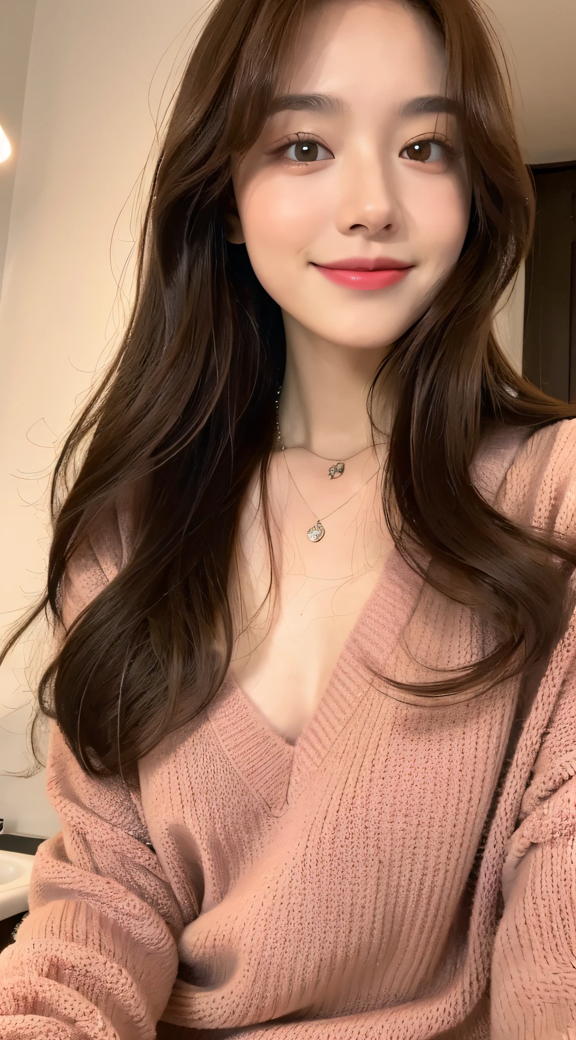 ((Night, Realistic Light, Best Quality, 8K, Masterpiece: 1.3)), 1girl, Slim Beauty: 1.4, Abs: 1.1, (Brown hair, Medium breasts: 1.3), Long pink sweater: 1.1, Bathroom, Super fine face, Delicate eyes, Double eyelids, smile, necklace