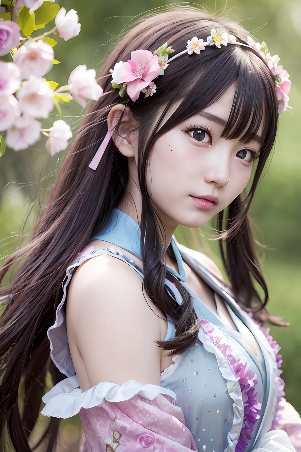 A beautiful Japanese girl with colorful hair, moles under the eyes, fairy costume, delicate and bright eyes, normal bright nose, half body, depth of field, UHD, textured skin, high quality