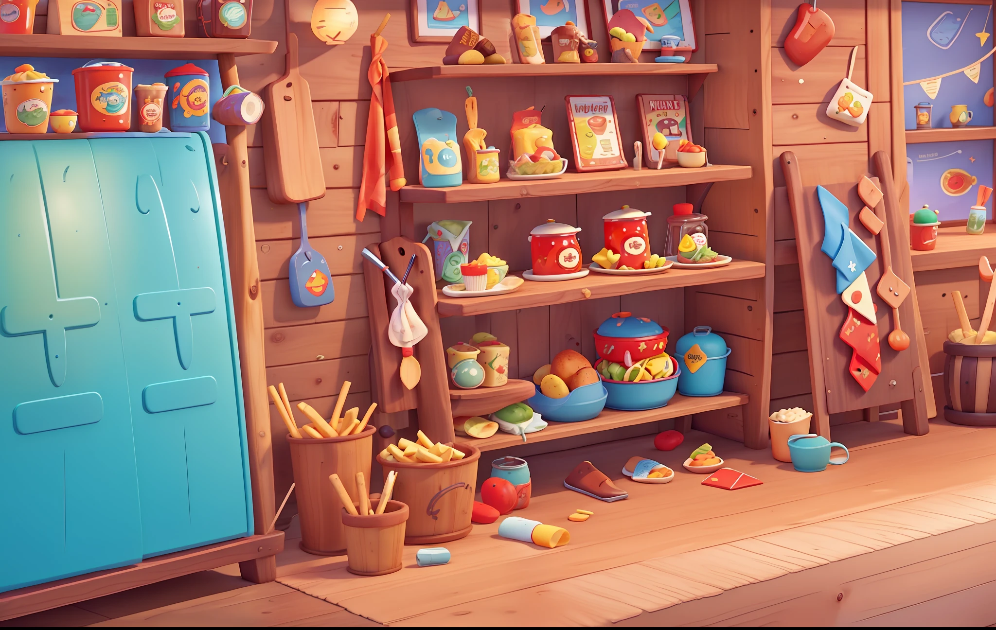 Western food, ketchup, wood chopping board fries, 45 degree angle Pixar style, Disney style, cartoon, bright colors, perfect details, objects, UI, restaurant in the background