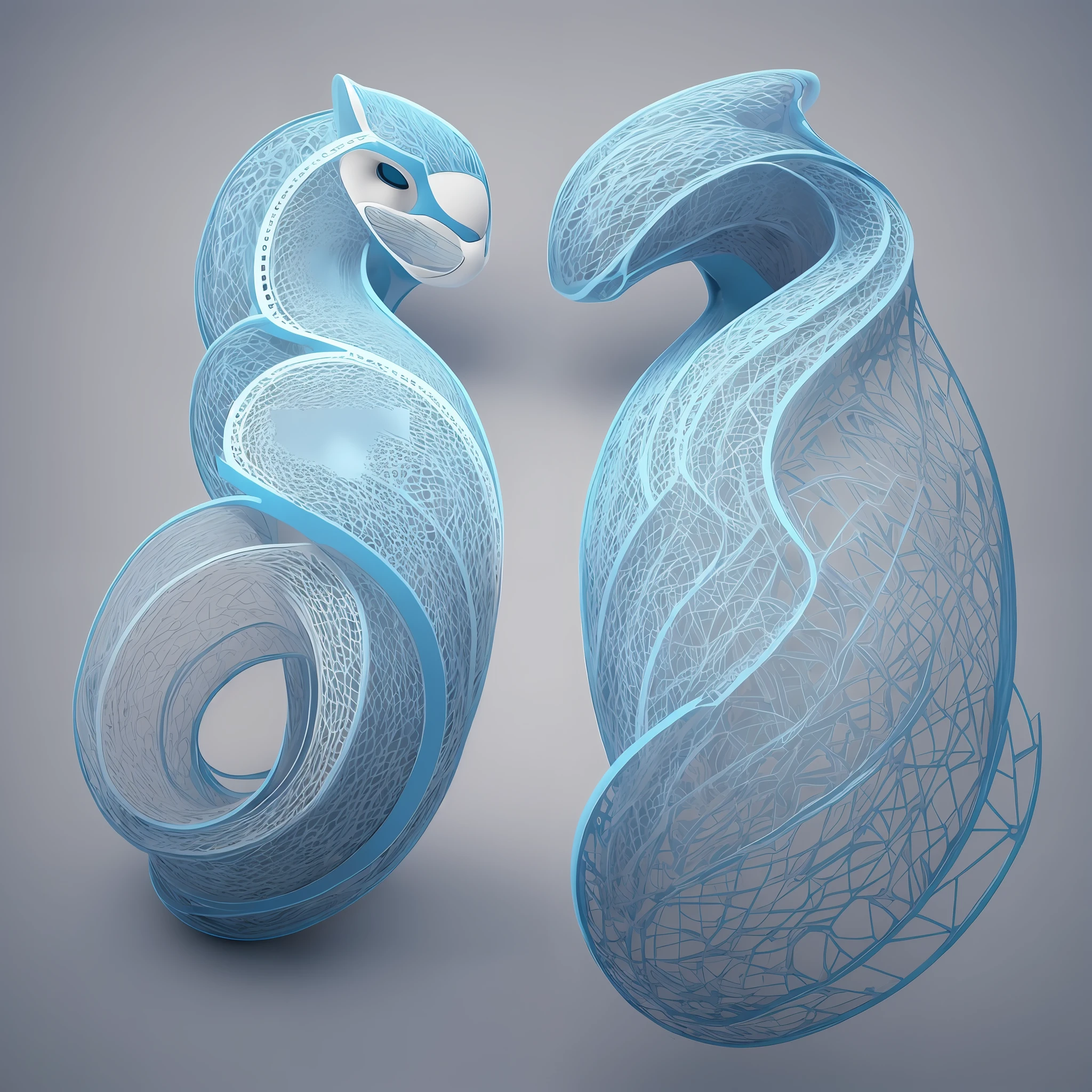 In the front view, we draw a rounded and cute head with blue and white ears. The eyes will be round, filled with blue, and black eyeballs will be added to them. The nose will be small, rounded and filled with blue. Then, we draw a smiling mouth, using a white outline and a small tongue.

In the body part, we will design a rounded chest and shoulders. At the shoulders, we draw a flowing geometric curve pattern, filled with alternating blue and white to add visual layering. The pattern blends into the curve of the shoulders to harmonize with the overall body shape.

Next, we will draw a pair of front legs, which will have a certain muscle line and curve. The front legs will also have some geometric curved patterns that appear locally to echo the shoulder patterns.

Then, we draw a streamlined body that shows a dynamic posture. On the thigh part, we draw a geometric curve pattern that extends from the waist to near the knees. This pattern will have some complex geometric shapes, such as wavy lines, straight lines, and arcs.

On the back, we draw a set of parallel geometric curves that run along the back. These curves take on a sense of interlacing and rhythm, adding to the sense of movement and flow of the vision.

Finally, we will draw a pair of hind legs and tail, which will also have a certain muscle line and curve. In the part of the tail, we can draw some small geometric curve patterns that echo the overall pattern.

This is the frontal view of the beast. Next, we'll draw the side and back views to show the overall image of the beast. At the same time, we will draw a full-body map to show the details and characteristics of the animal.