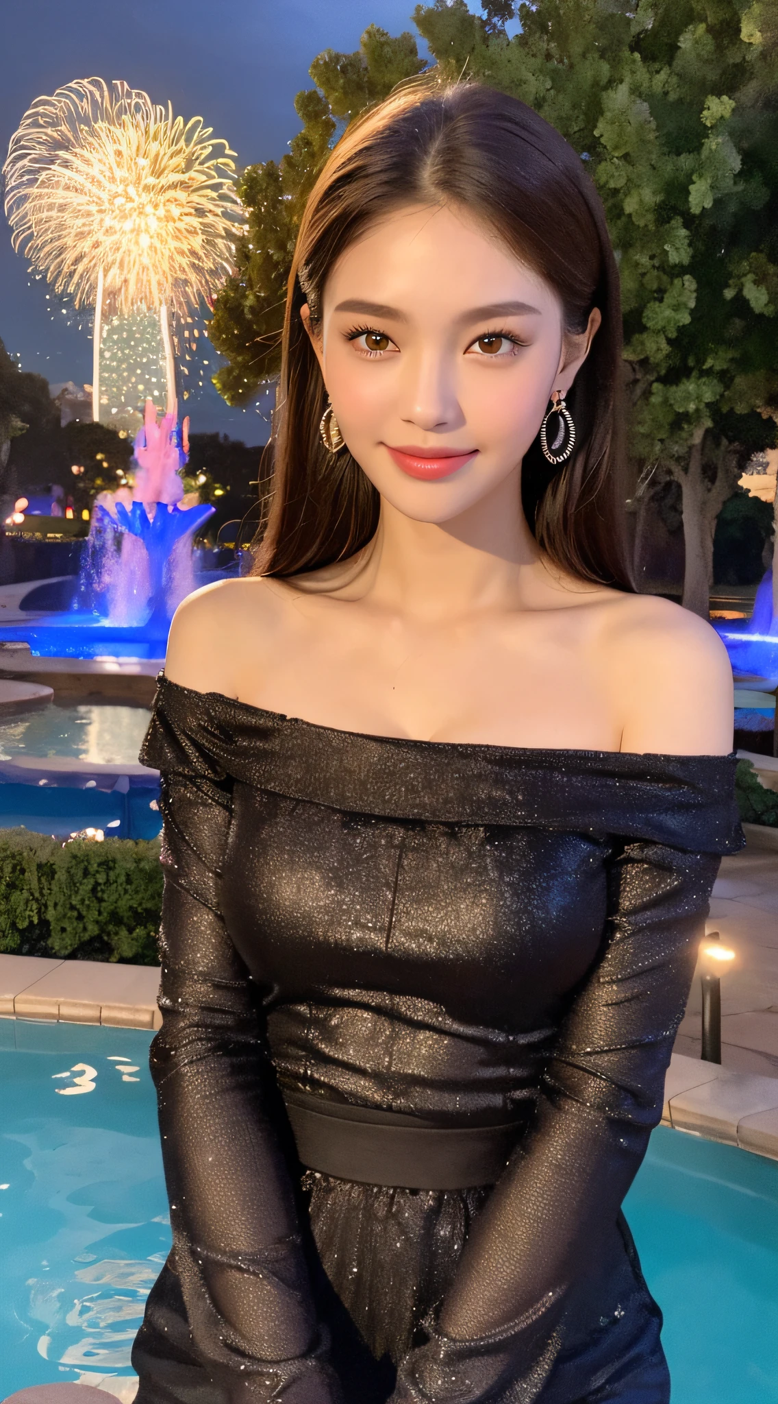 ((Night Scene, Realistic Light, Best Quality, 8k, Masterpiece: 1.3)), 1 Girl, Slim Body Beauty: 1.4, Brown Hair, (Big: 1.3), Off Shoulder Cut Top: 1.3, Ultra Detailed Face, Detailed Eyes, Double Eyelids, Disneyland, Fountain, Castle, Fireworks, Smile, Cleavage