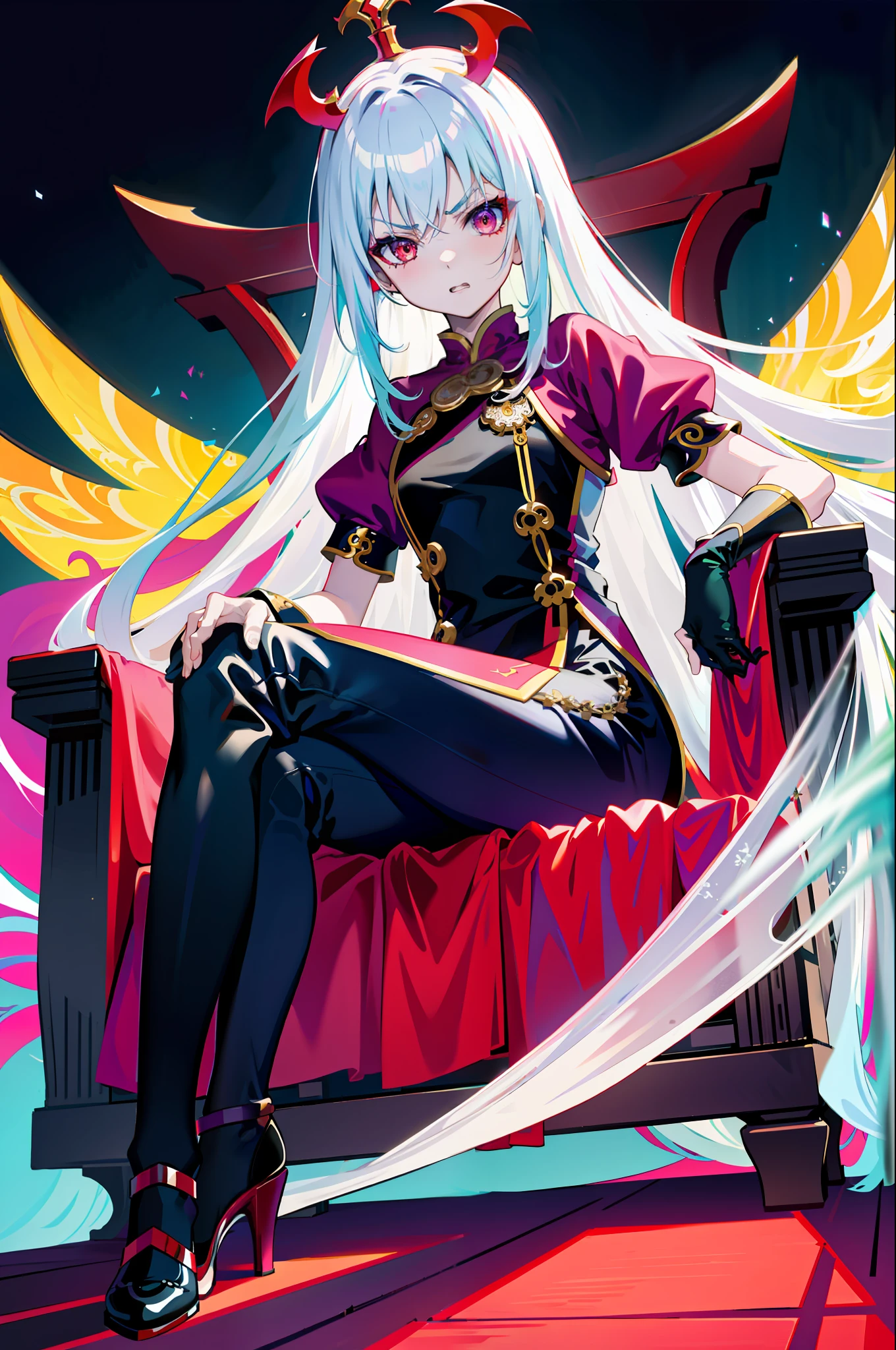 Best Quality, Single Girl, Colorful Hair, Cute, Anime, Sheer White Skin, Asian Girl, Full Body, Middle School, Radiant, Angry Face, High Contrast, Sensual, Eye Color Red, Fantasy Clothes, Demon King, Sit on Big Throne
