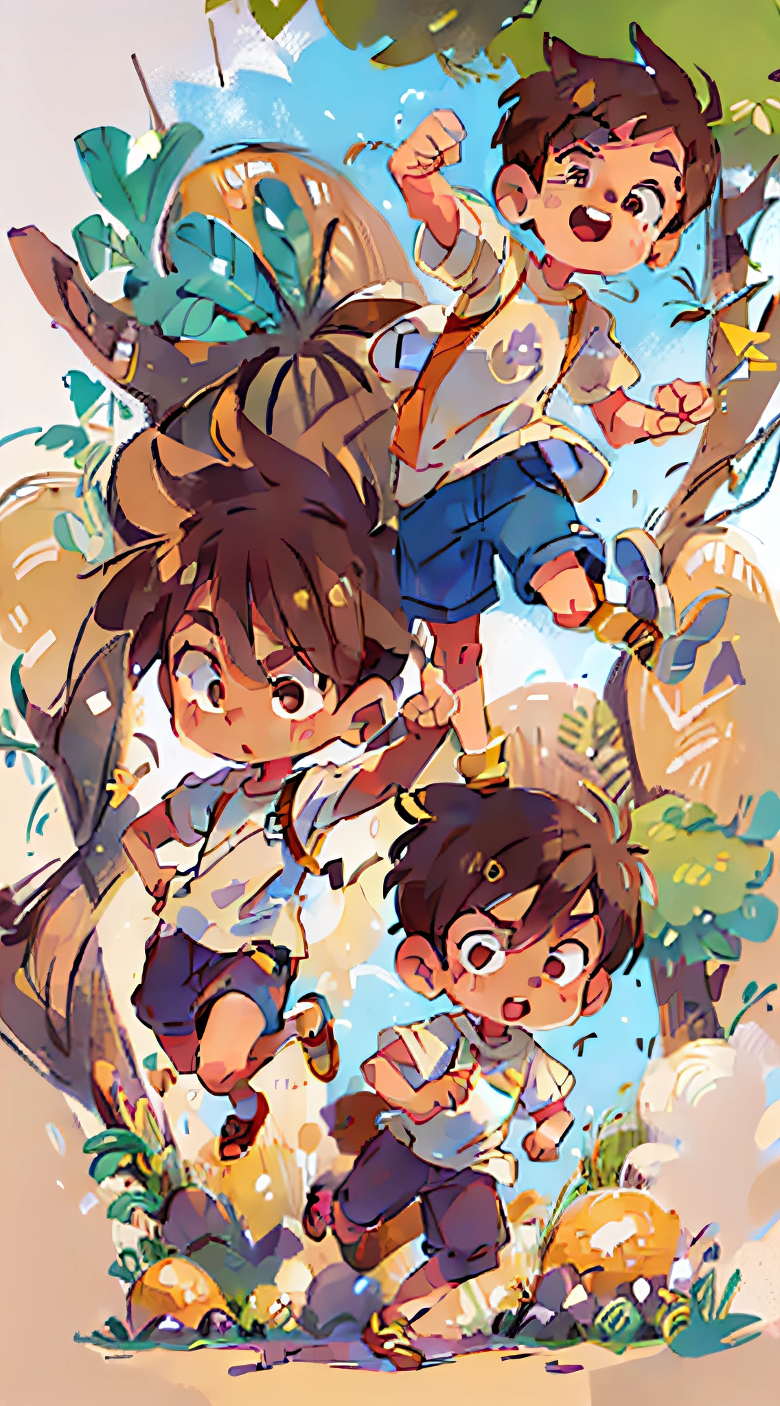 Two handsome boys sunny positive energy boy brown hair, chibi proportions, stylish shoes, full body, seaside running jumping action, blender, candy color, fashion trend, super details