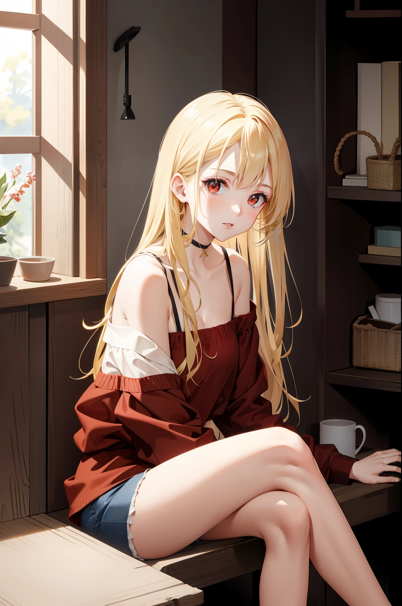 blonde, red-eyed, one girl, off-shoulder, sitting,