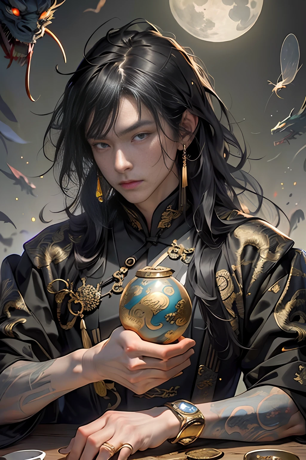 Masterpiece, best, night, full moon, 1 person, mature man, Chinese style, ancient China, black hair, black eyes, split ends, long hair, long bangs, handsome, handsome, masculine, serious, gentle, tall, calm, black gold blended, golden texture, dragon pattern, prince, palace