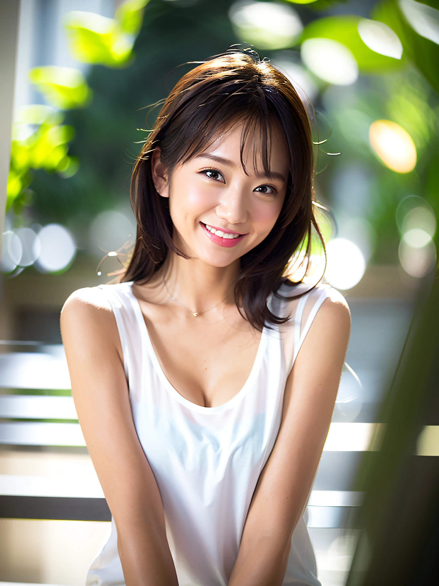 Top quality, masterpiece, smiling, white shirt, daytime